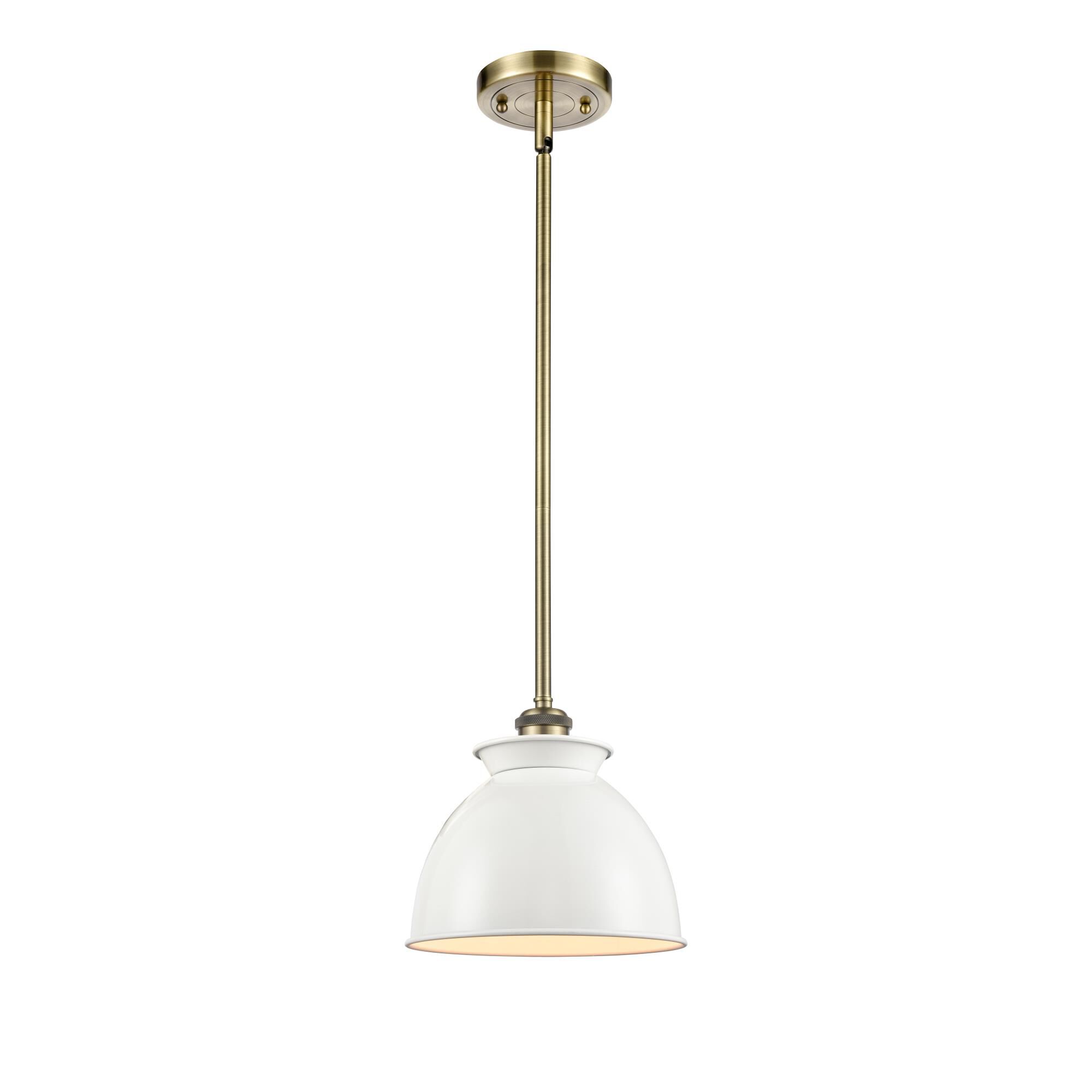 Shown in Antique Brass finish and Dome glass and Glossy White Metal shade and Polished Chrome accent