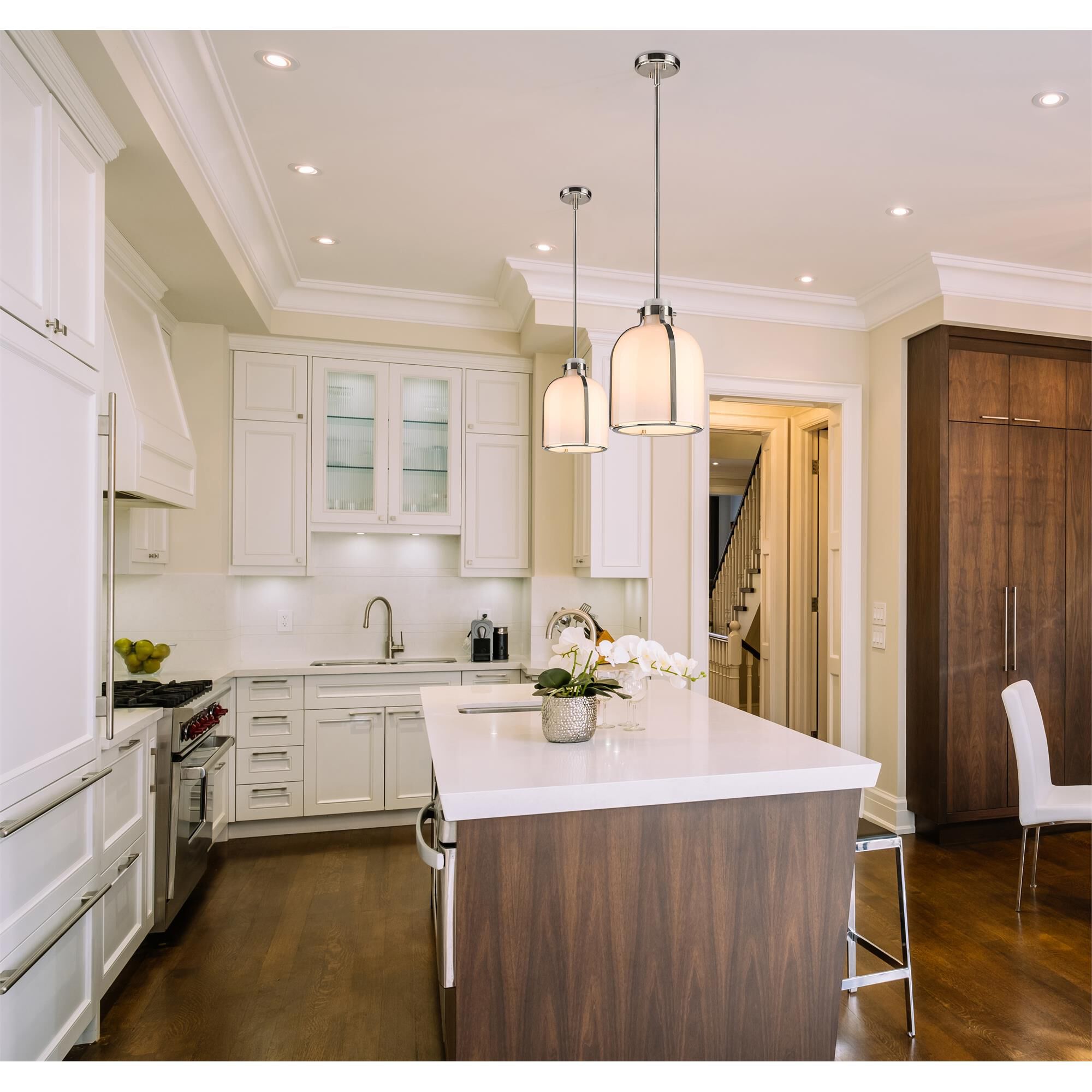 Shown in Brushed Nickel finish and White Opal glass and No Shade shade