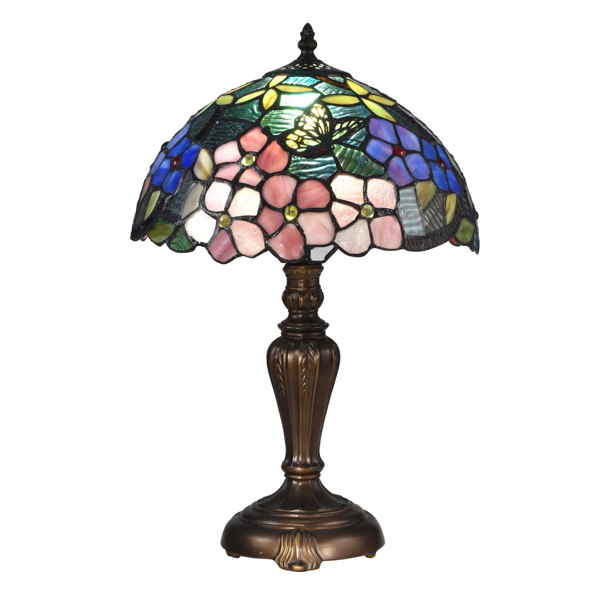 Shown in Antique Bronze finish and Hand Rolled Art (Tiffany) glass