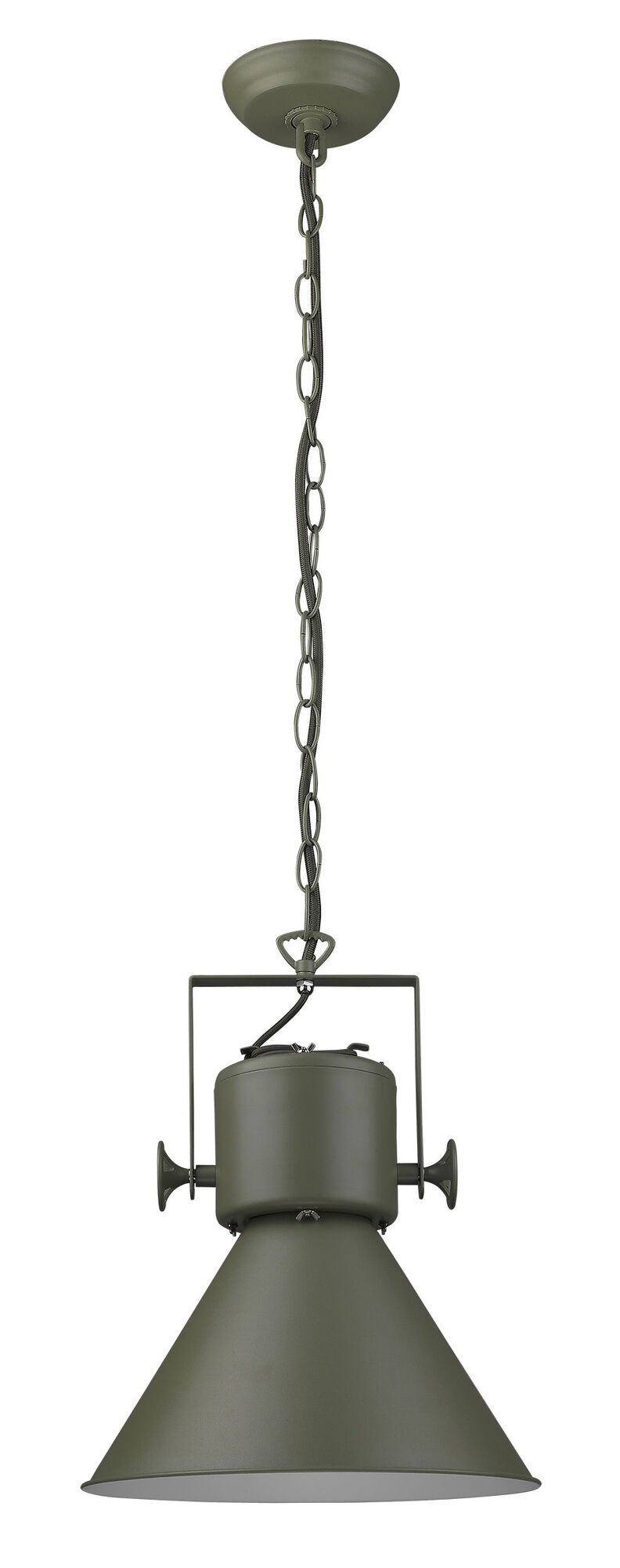 Shown in Green finish and Green glass and Green Metal Cone Shaped  W/ White Interior shade