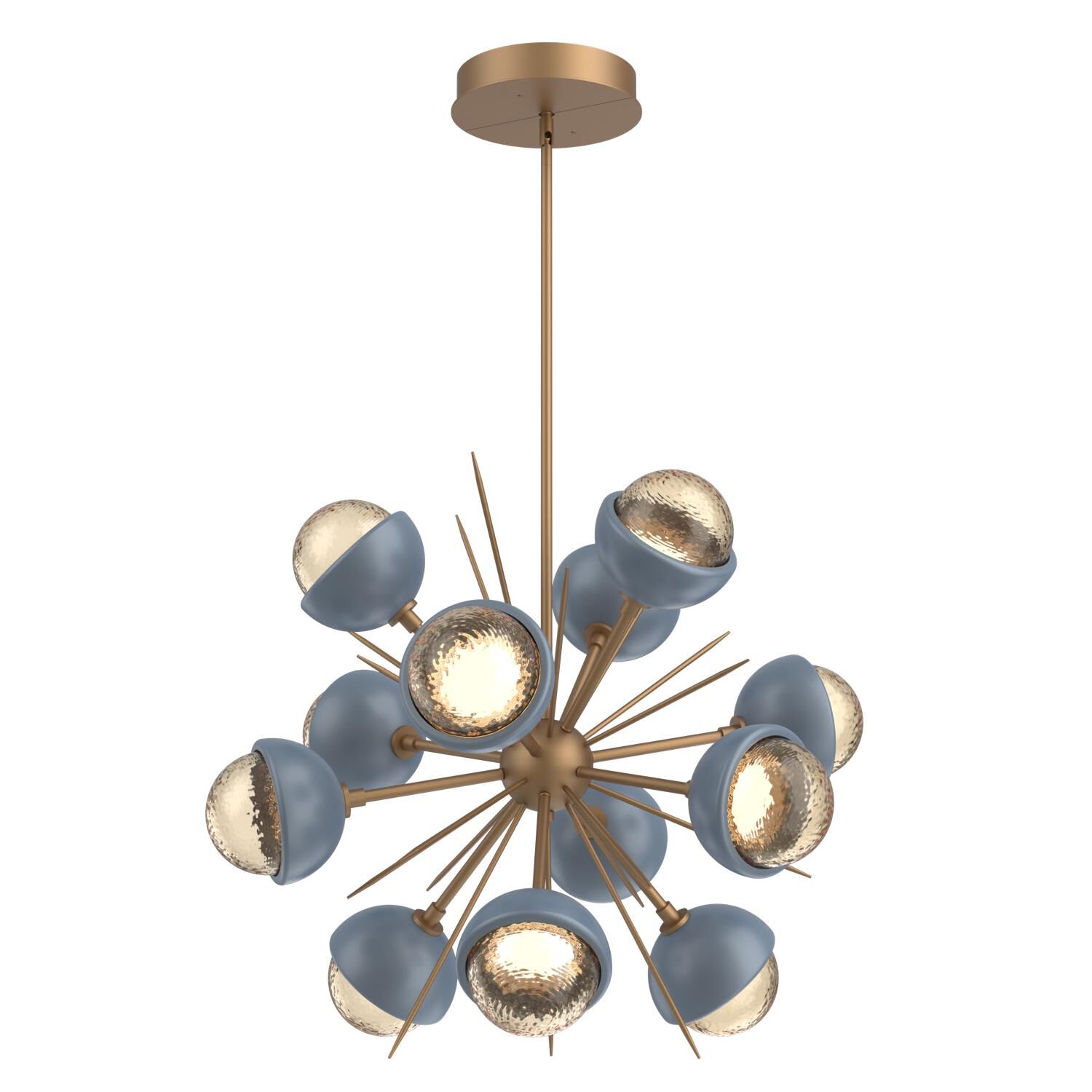 Shown in Novel Brass finish and Amber glass and Poppy Blue accent