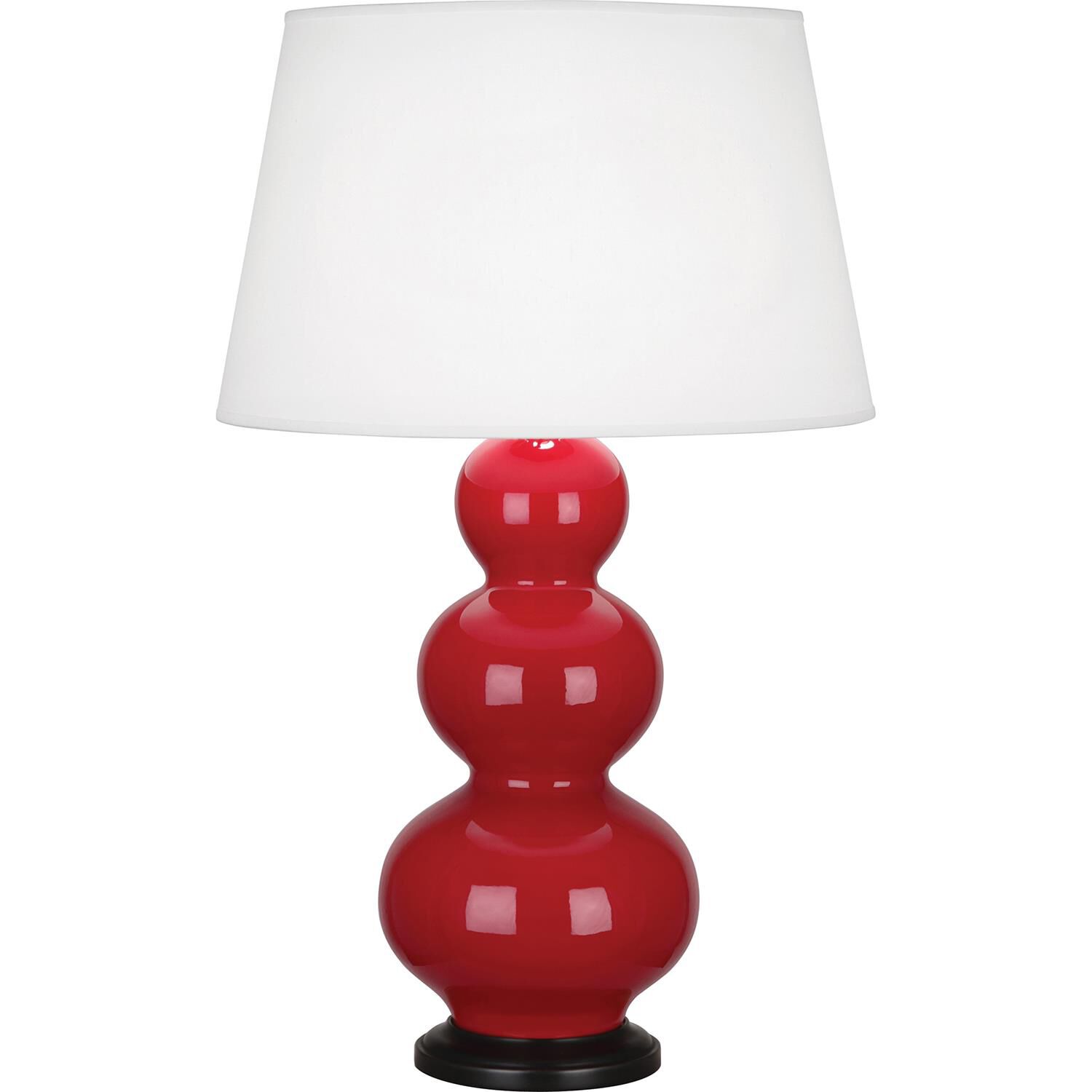Shown in Ruby Red Glazed Ceramic With Deep Patina Bronze ed Accents finish and Pearl Dupioni Fabric shade