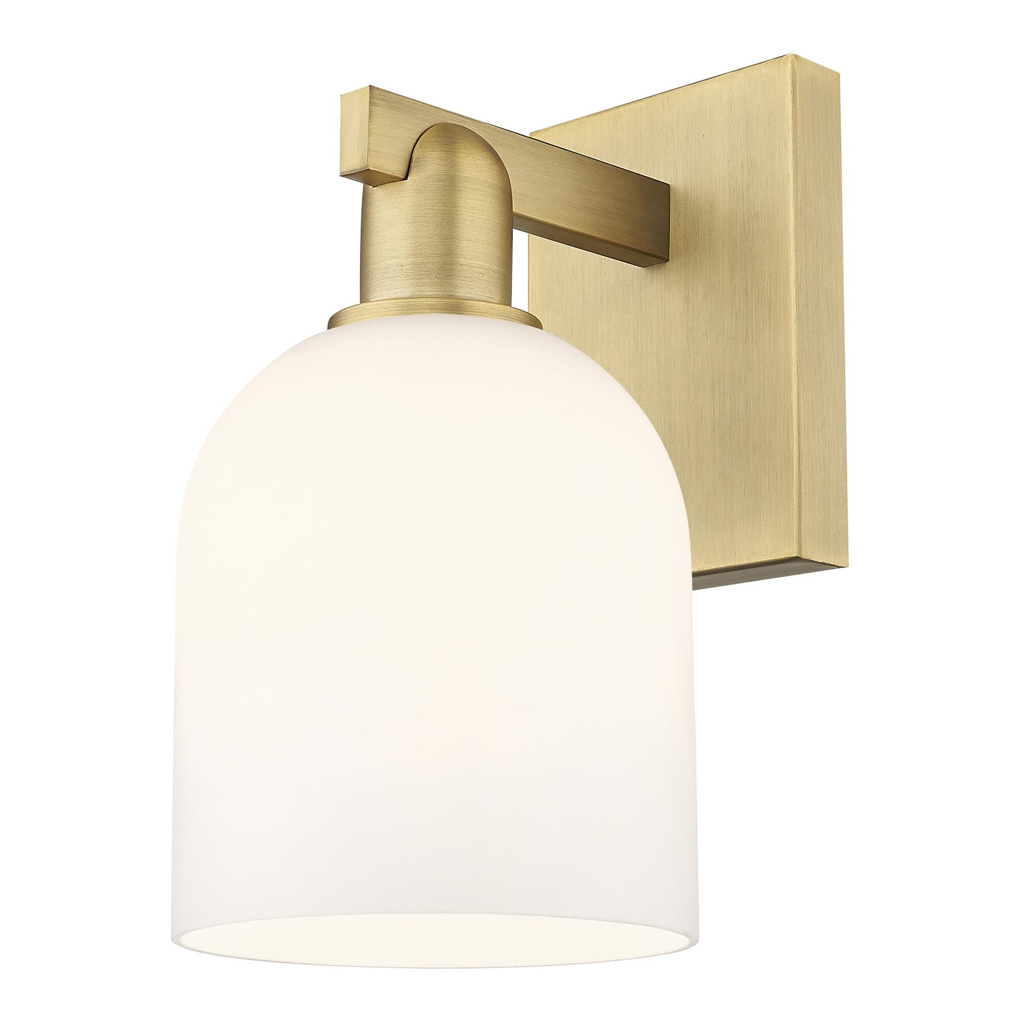 Shown in Brushed Brass finish and White glass