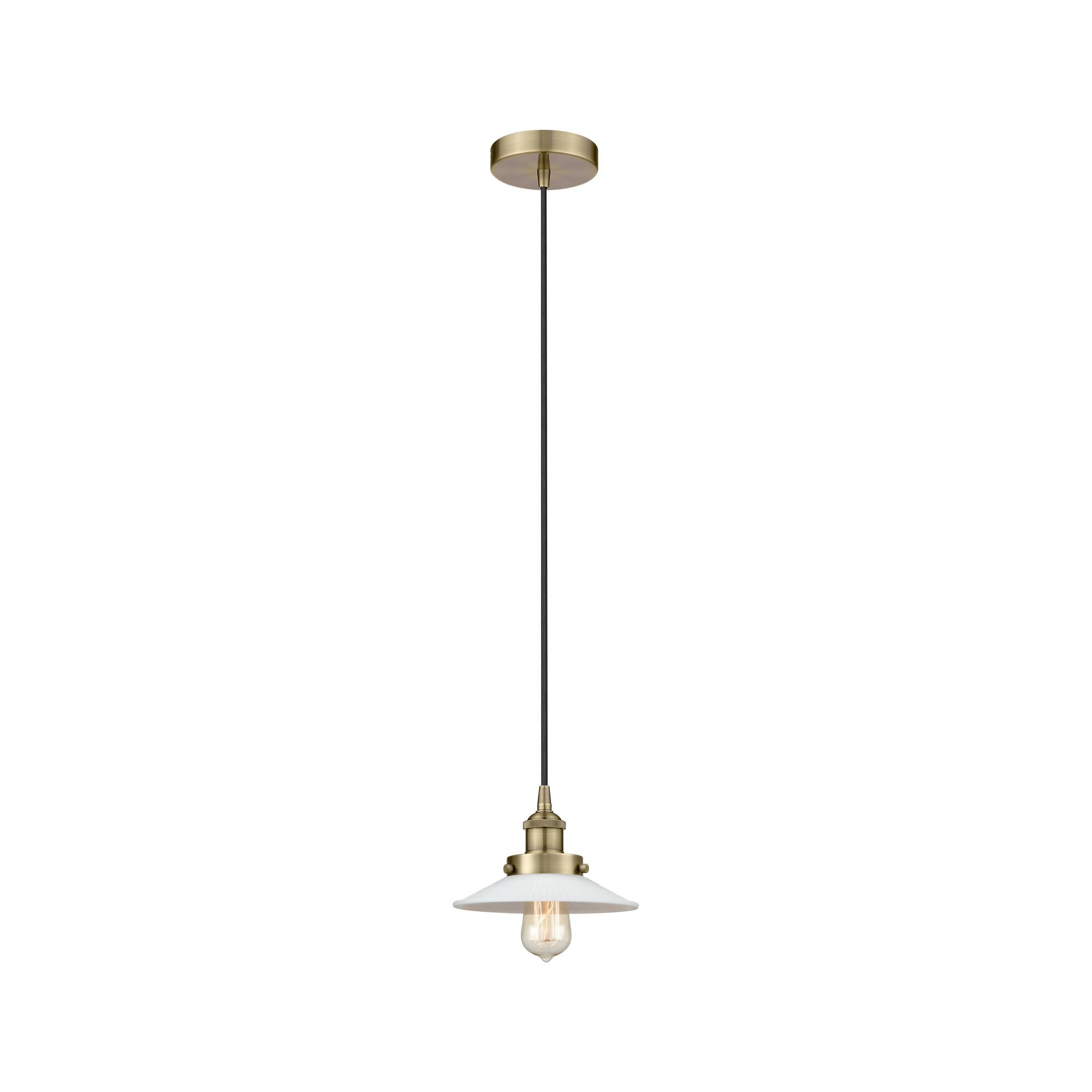 Shown in Antique Brass finish and White glass