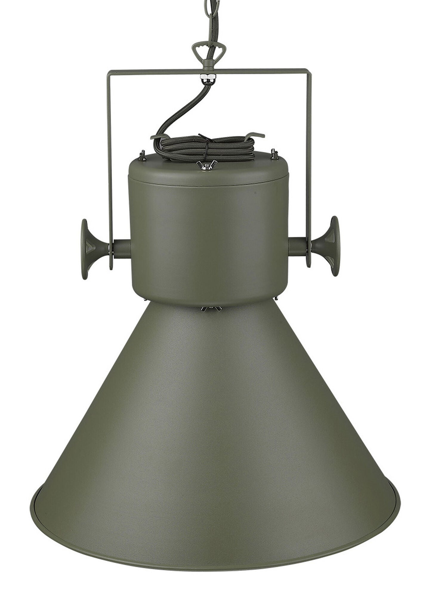 Shown in Green finish and Green glass and Green Metal Cone Shaped  W/ White Interior shade