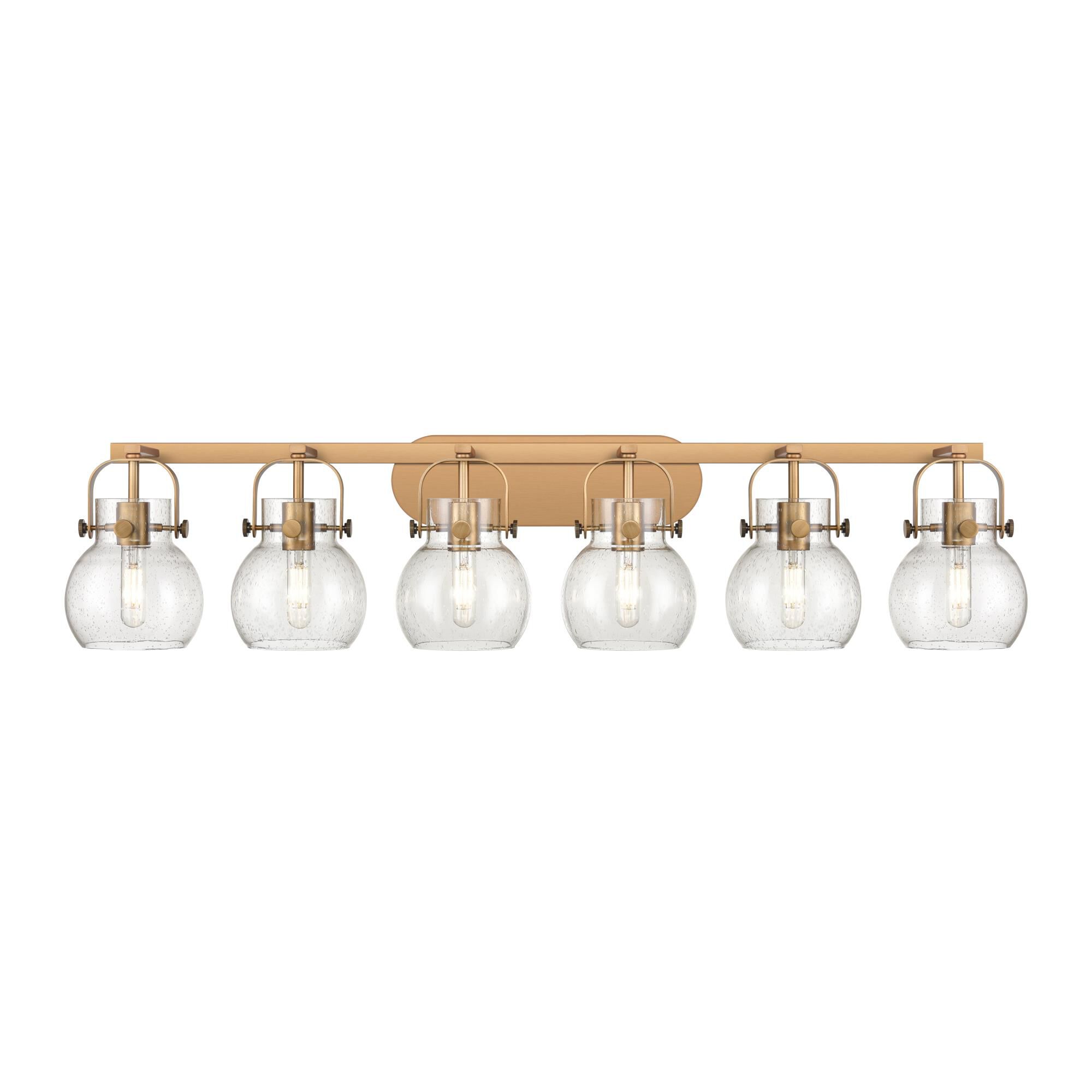 Shown in Brushed Brass finish and Seedy glass and Seedy Glass shade
