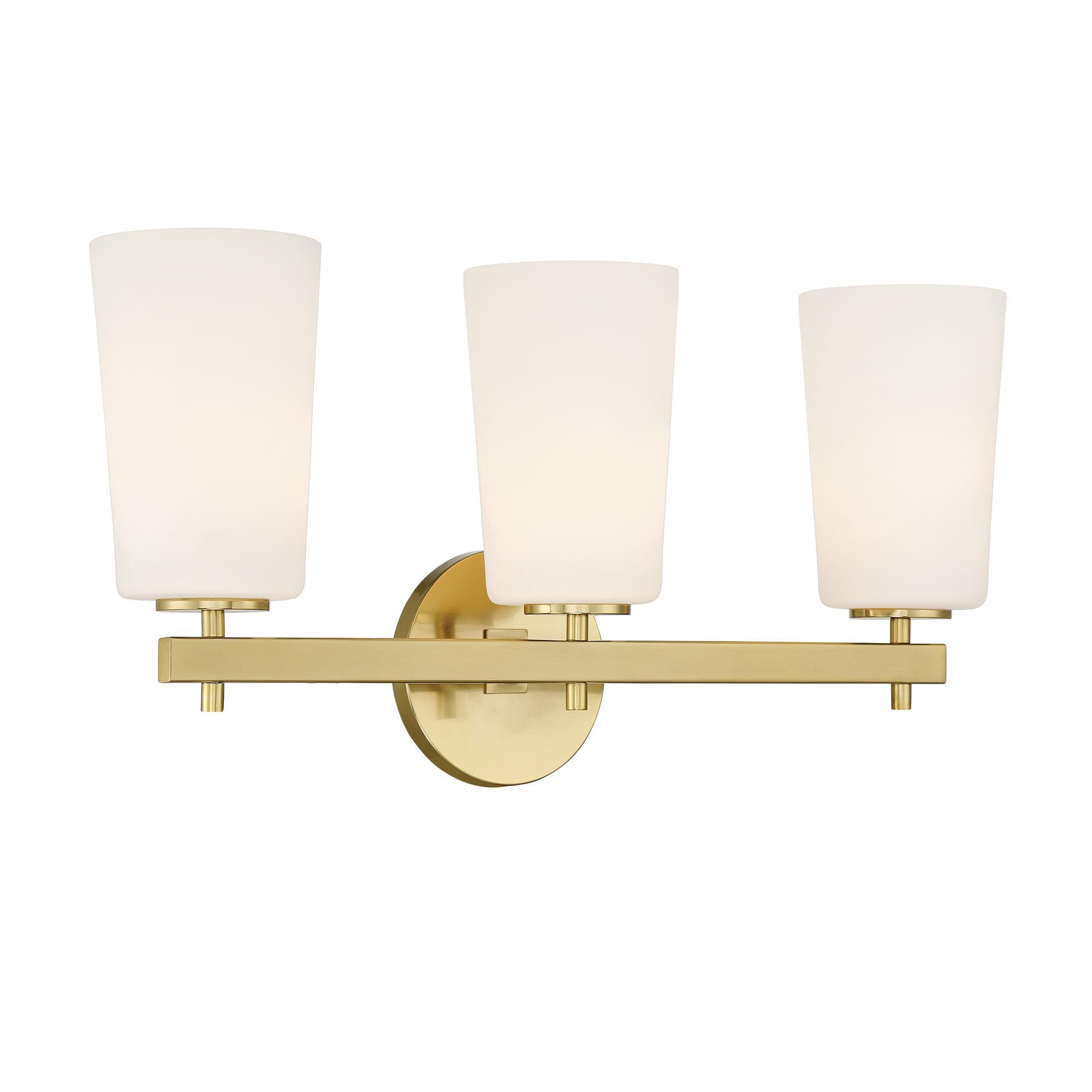 Shown in Aged Brass finish and Opal White glass