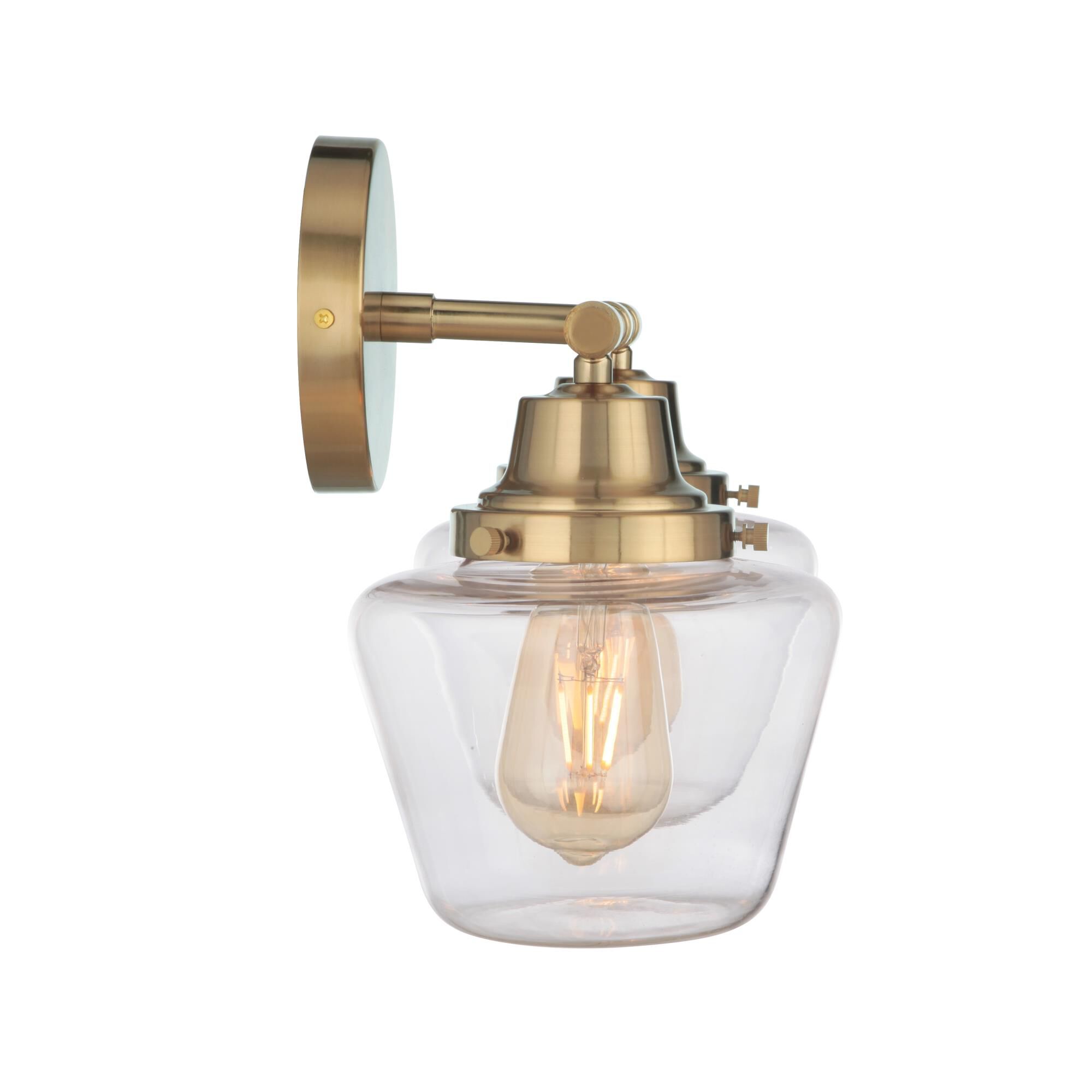 Shown in Satin Brass finish and Clear glass and Glass shade