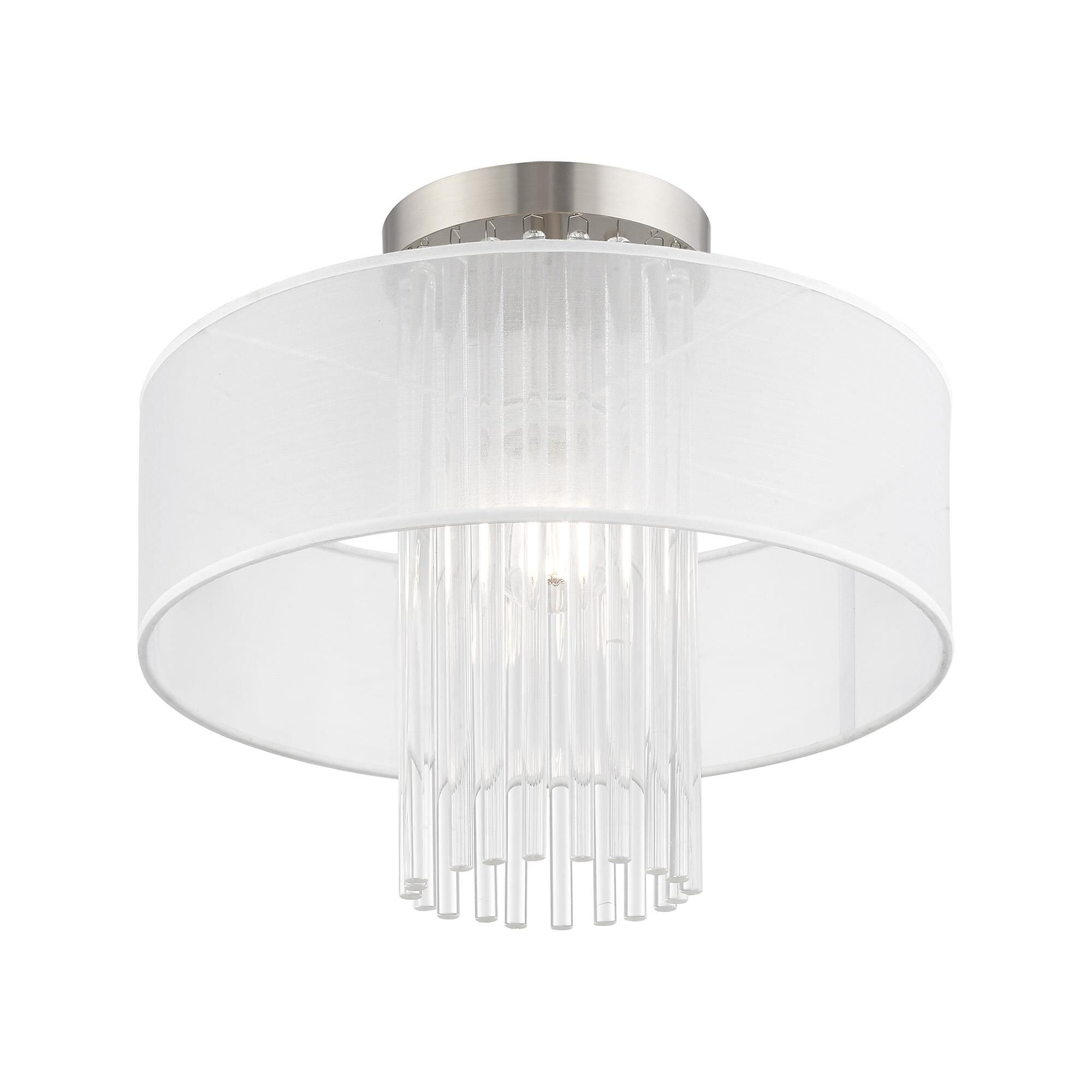 Shown in Brushed Nickel finish and Clear Crystal Rods with Hand Crafted Translucent Fabric shade
