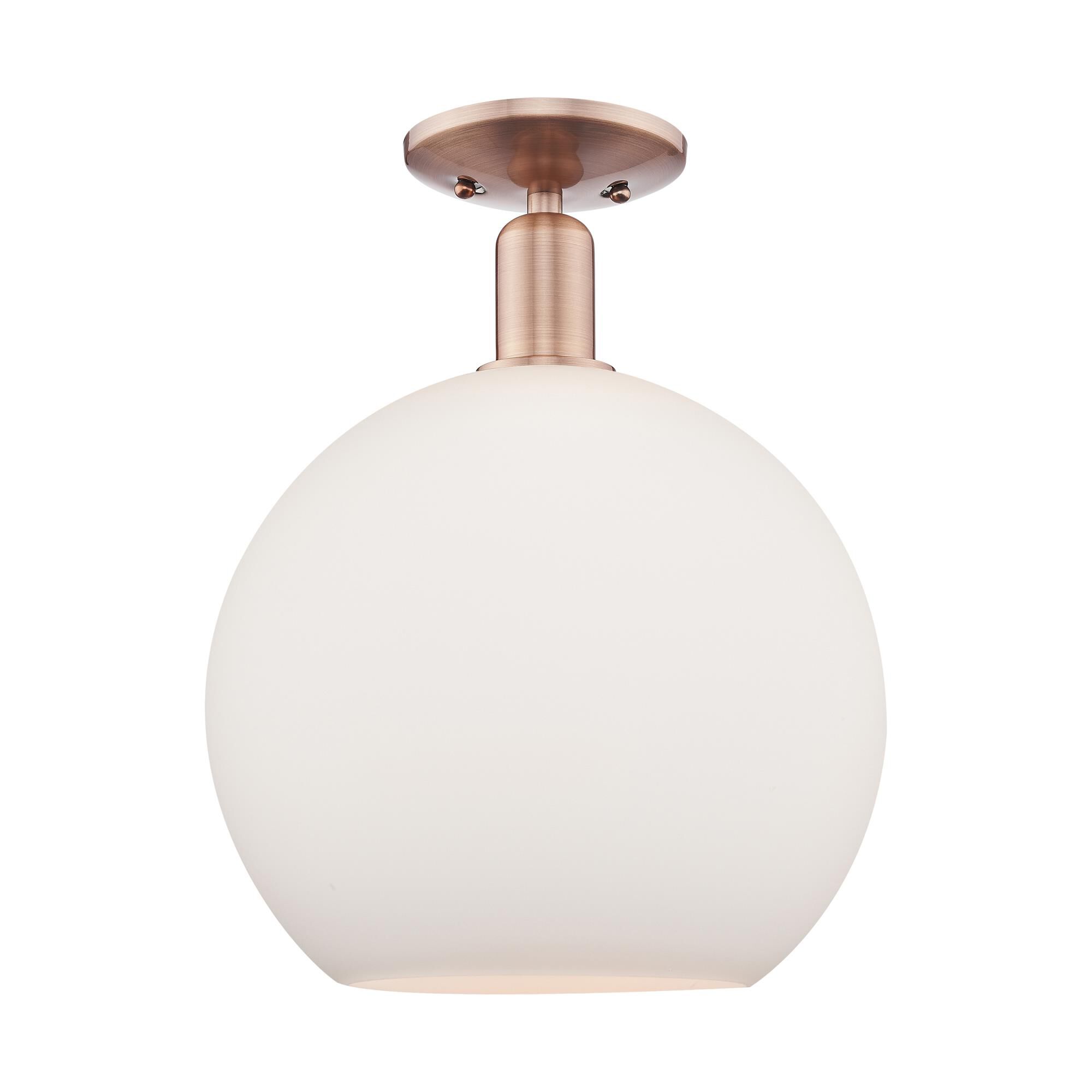 Shown in Antique Copper finish and Matte White glass