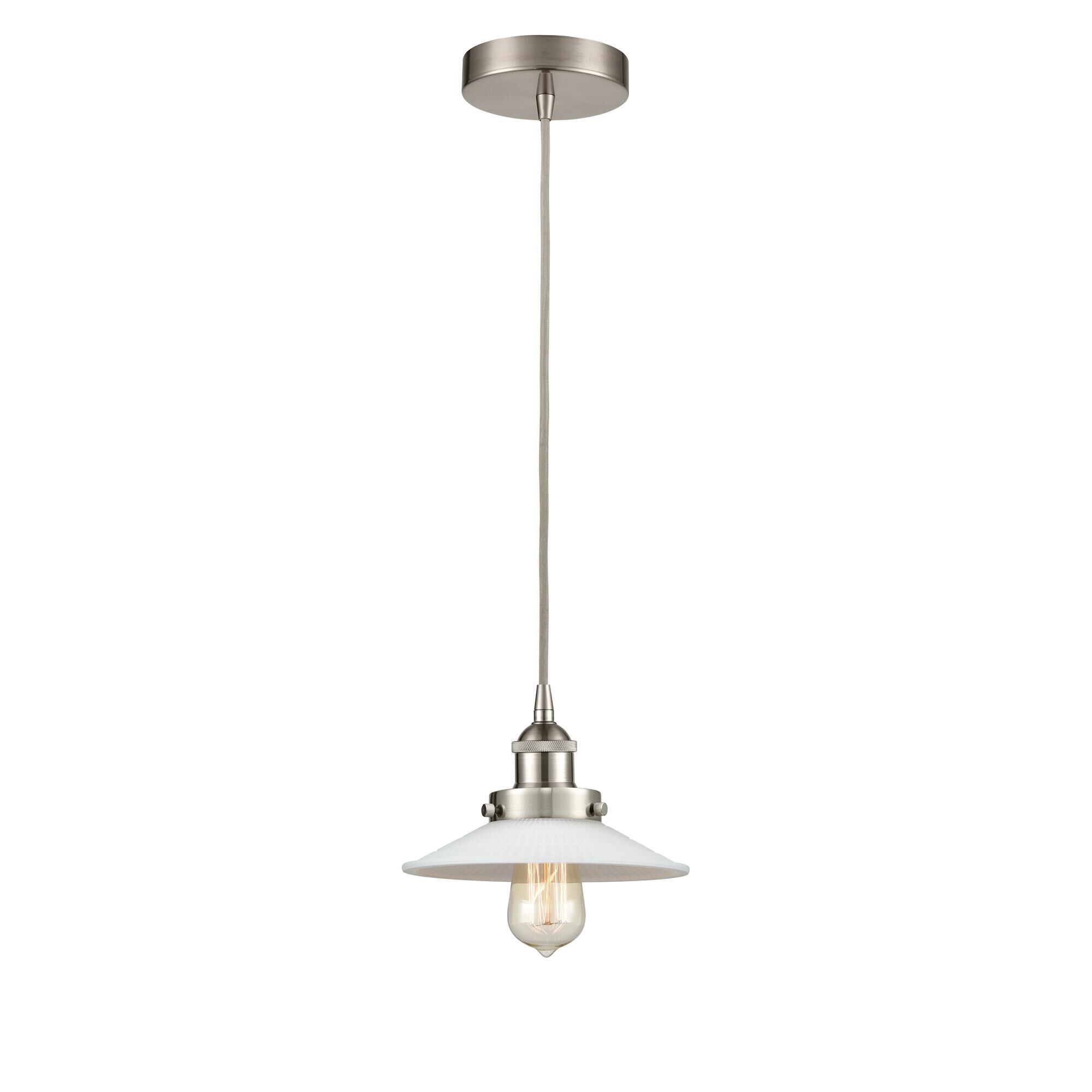 Shown in Brushed Satin Nickel finish and White Halophane glass
