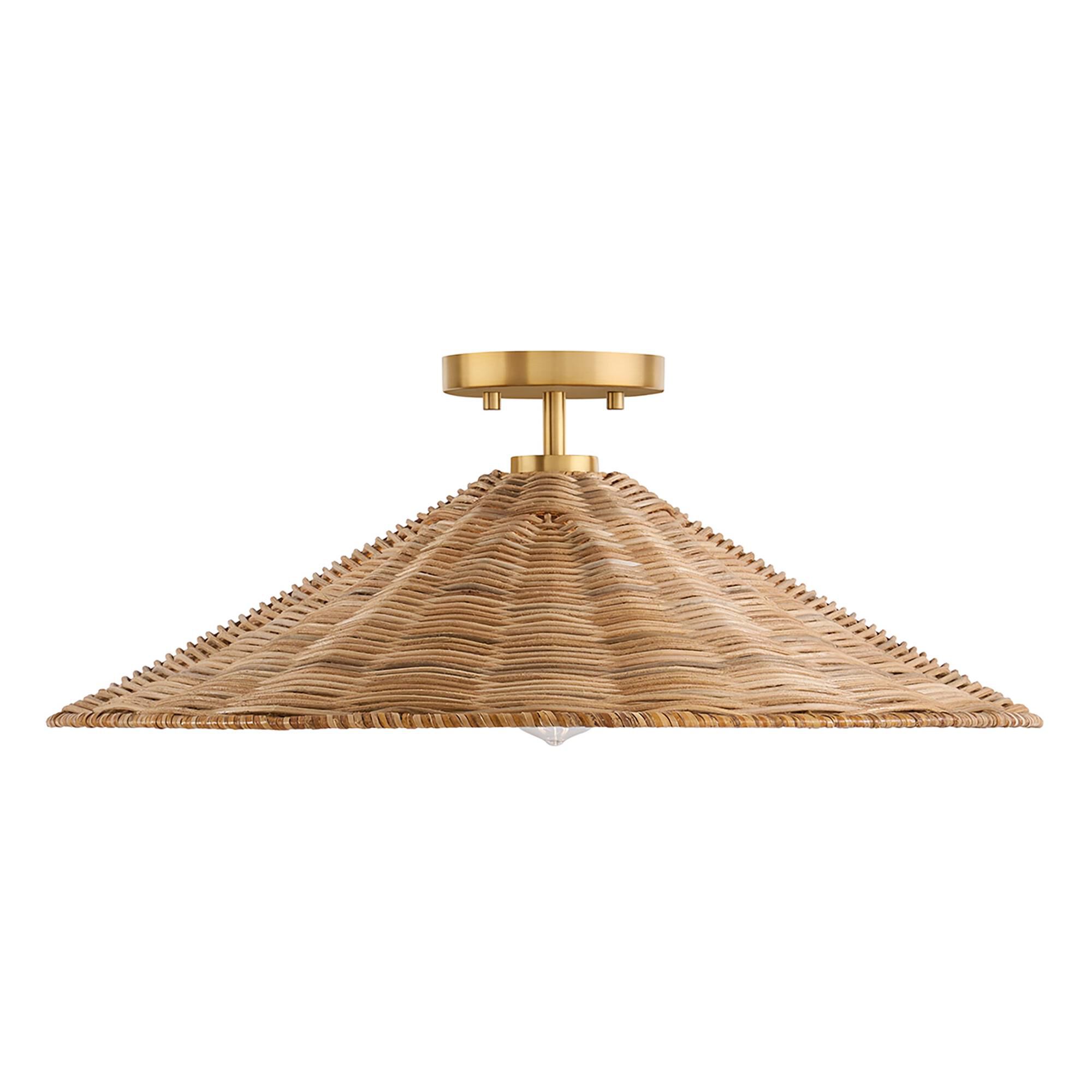 Shown in Natural Brass finish and Natural Rattan shade