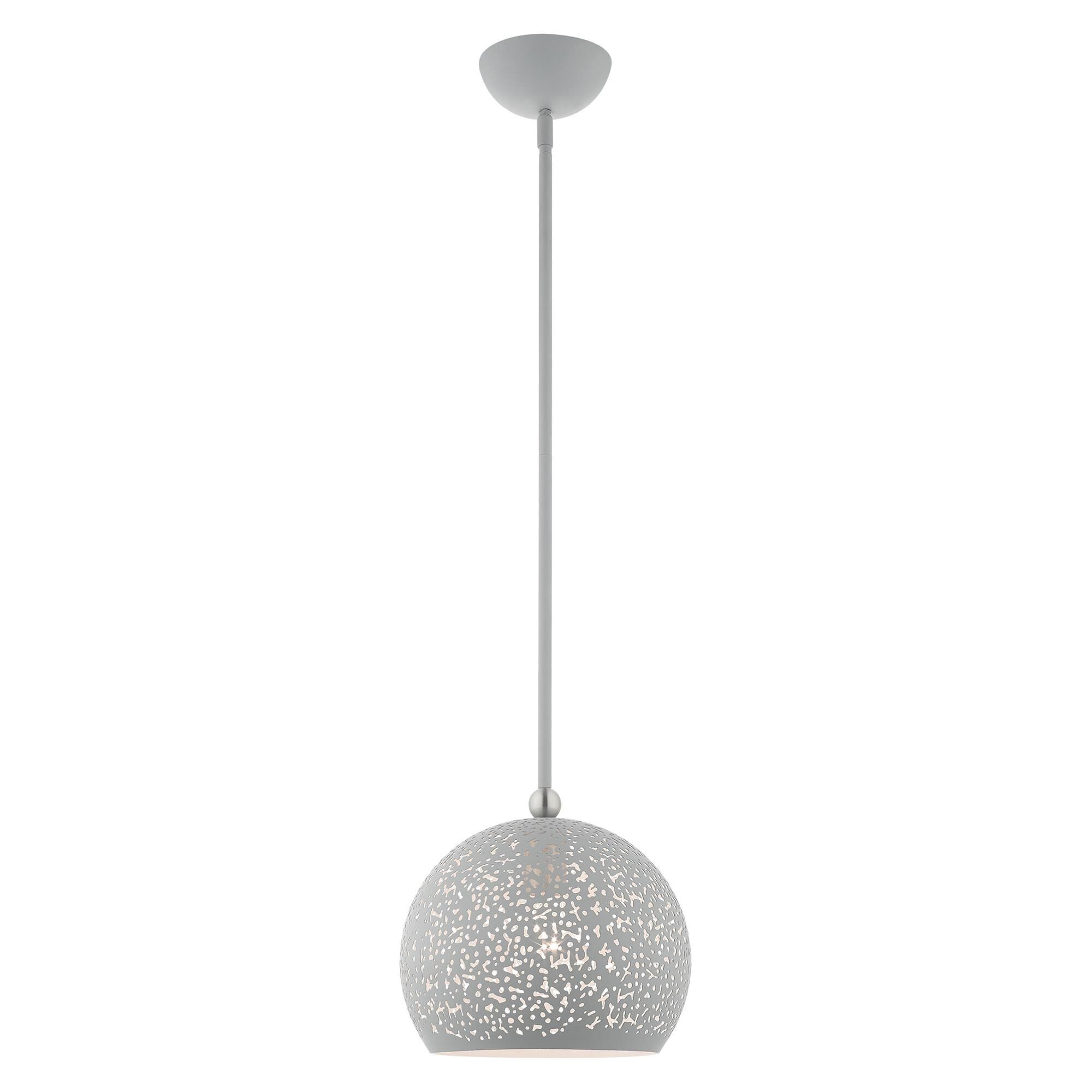 Shown in Nordic Gray With Brushed Nickel Accents finish and Nordic Gray Filigreed Metal Shade With White Finish Inside glass and Nordic Gray Filigreed Metal  With White Finish Inside shade