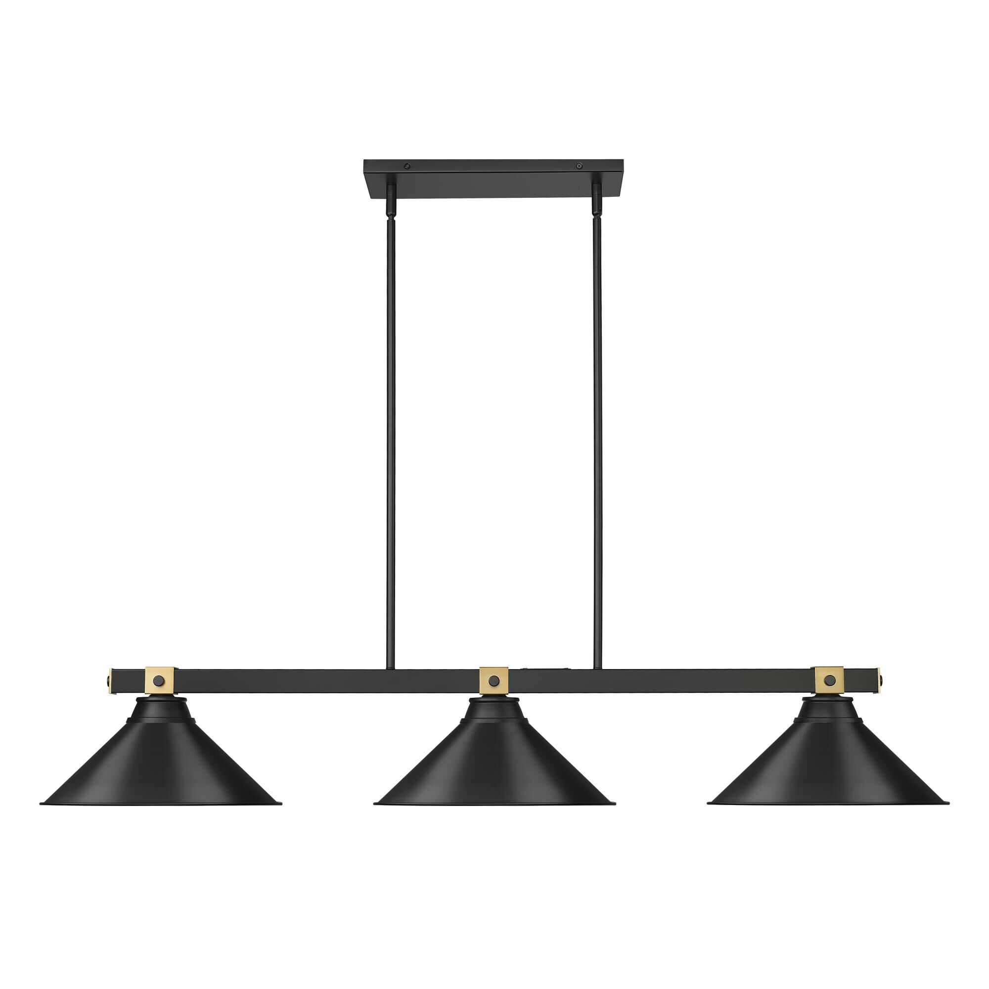 Shown in Matte Black + Rubbed Brass finish and Matte Black glass and Matte Black shade