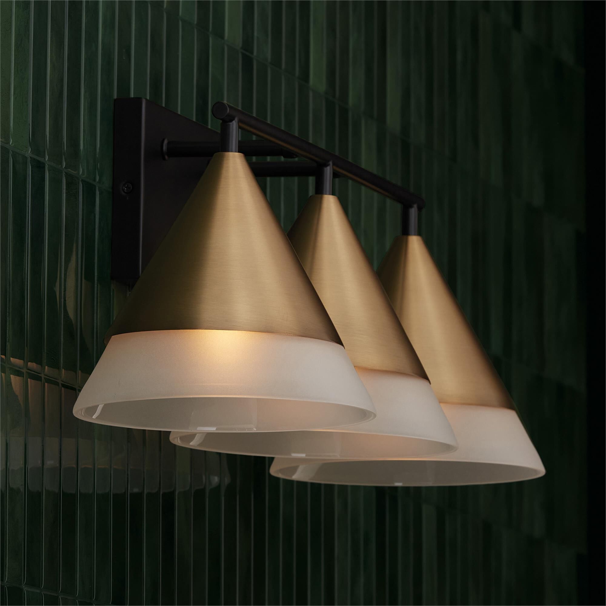 Shown in Aged Brass And Black finish and Frosted glass