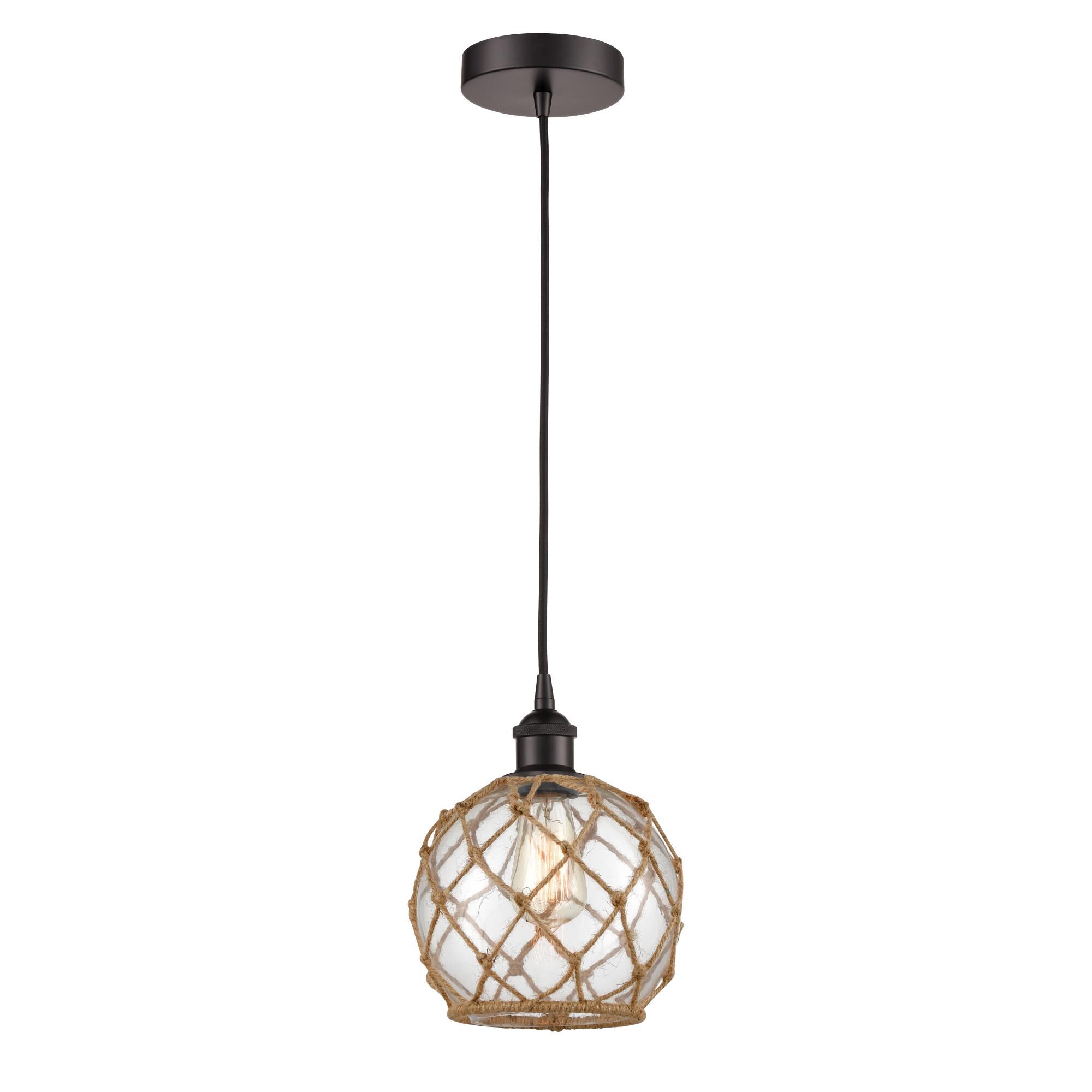 Shown in Oil Rubbed Bronze finish and Clear Farmhouse With Brown Rope glass
