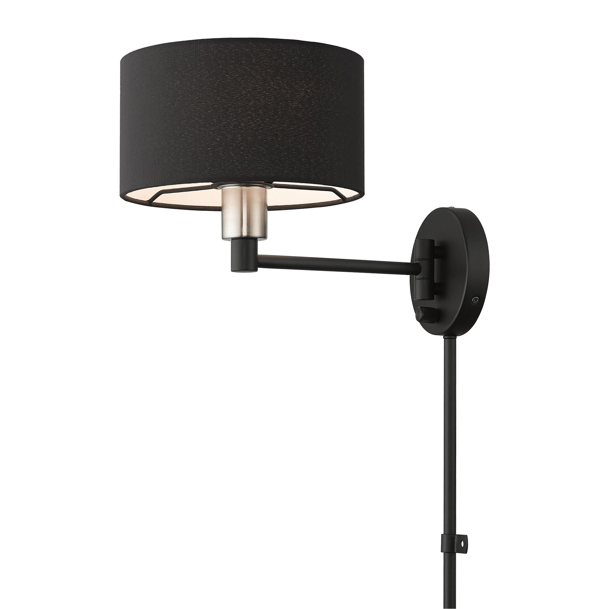 Shown in Black with Brushed Nickel Accents finish and Hand Crafted Black Color Hardback Fabric with White Fabric Inside shade