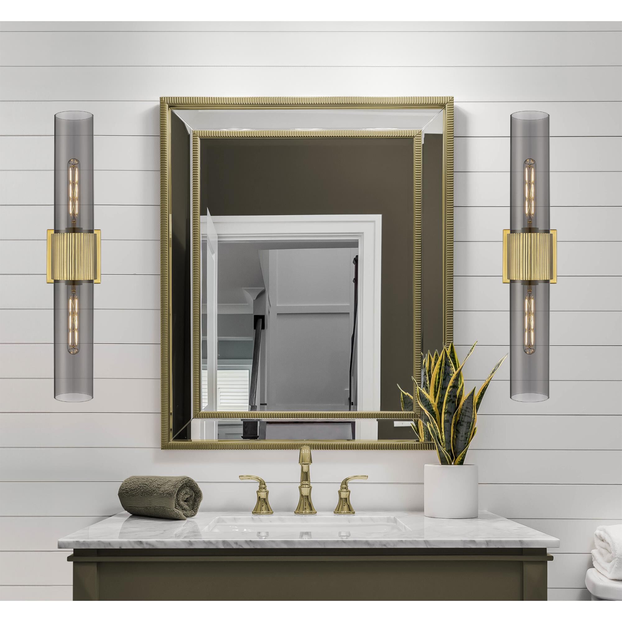 Shown in Brushed Brass finish and Plated Smoke glass