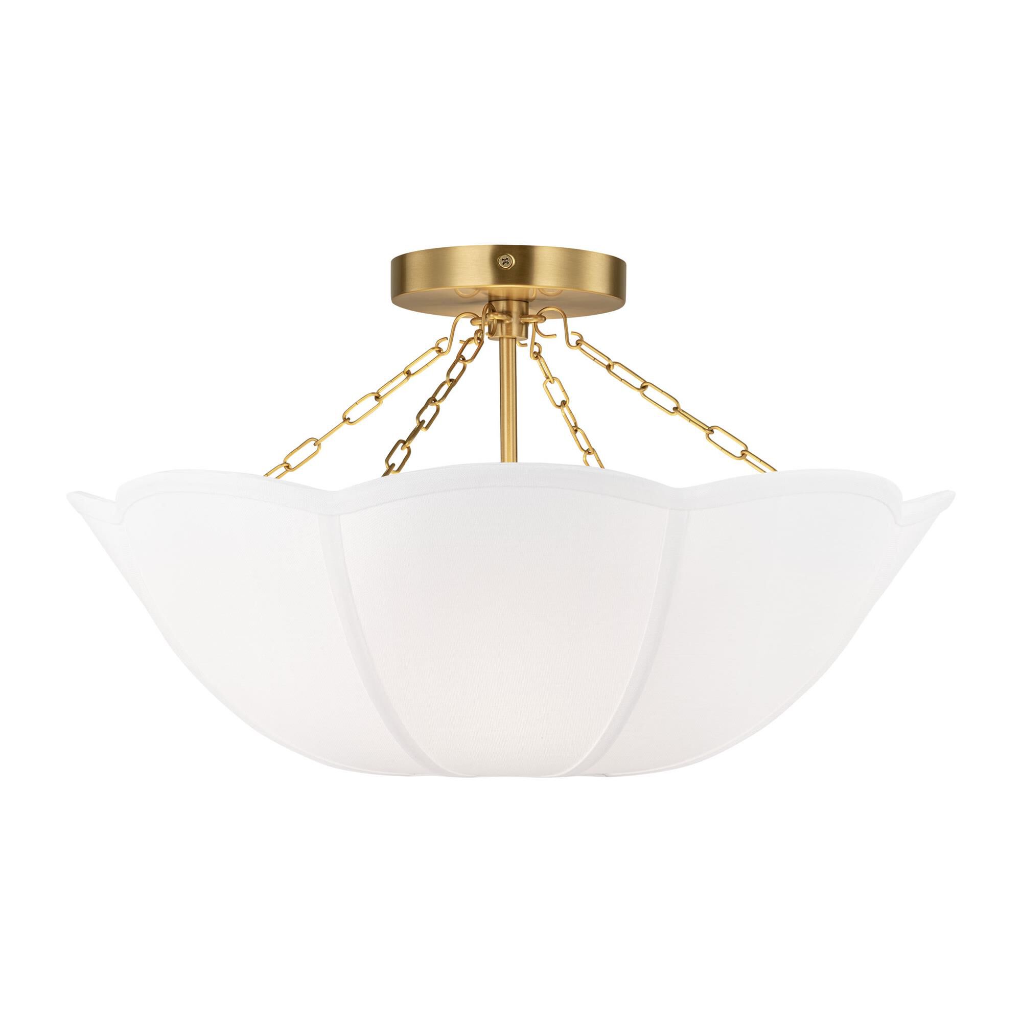 Shown in Burnished Brass finish and White Linen shade