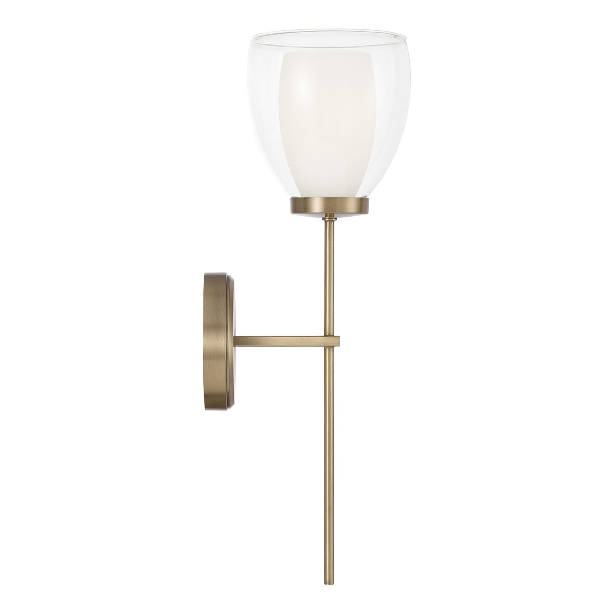 Shown in Aged Brass finish and Layered White And Clear glass