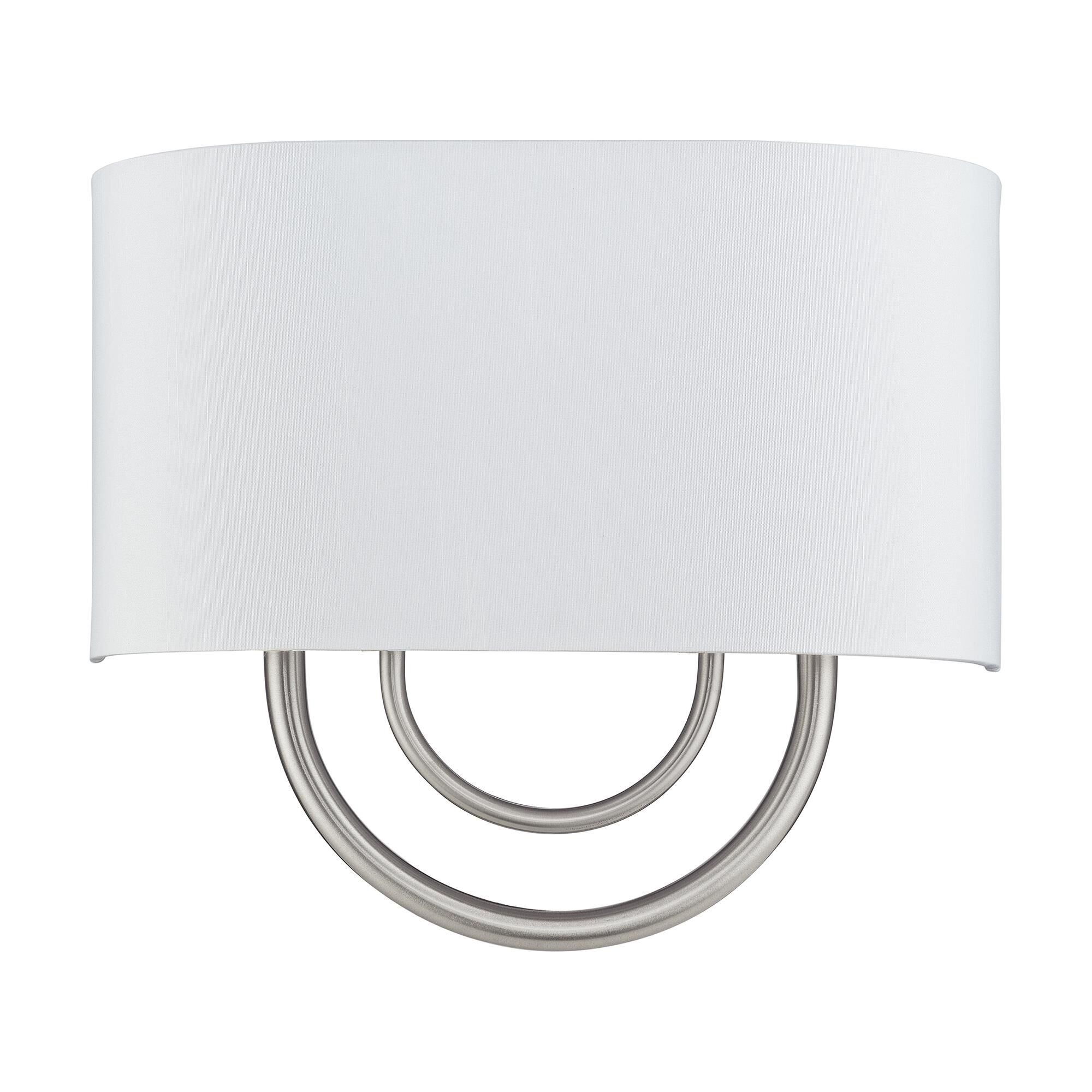 Shown in Brushed Nickel finish and Hand Crafted Off-White Fabric Hardback with White Fabric Inside shade