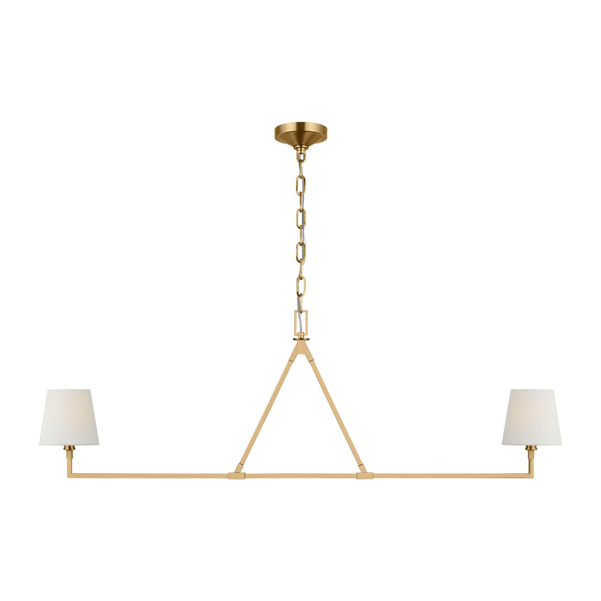 Shown in Burnished Brass finish and White Linen shade