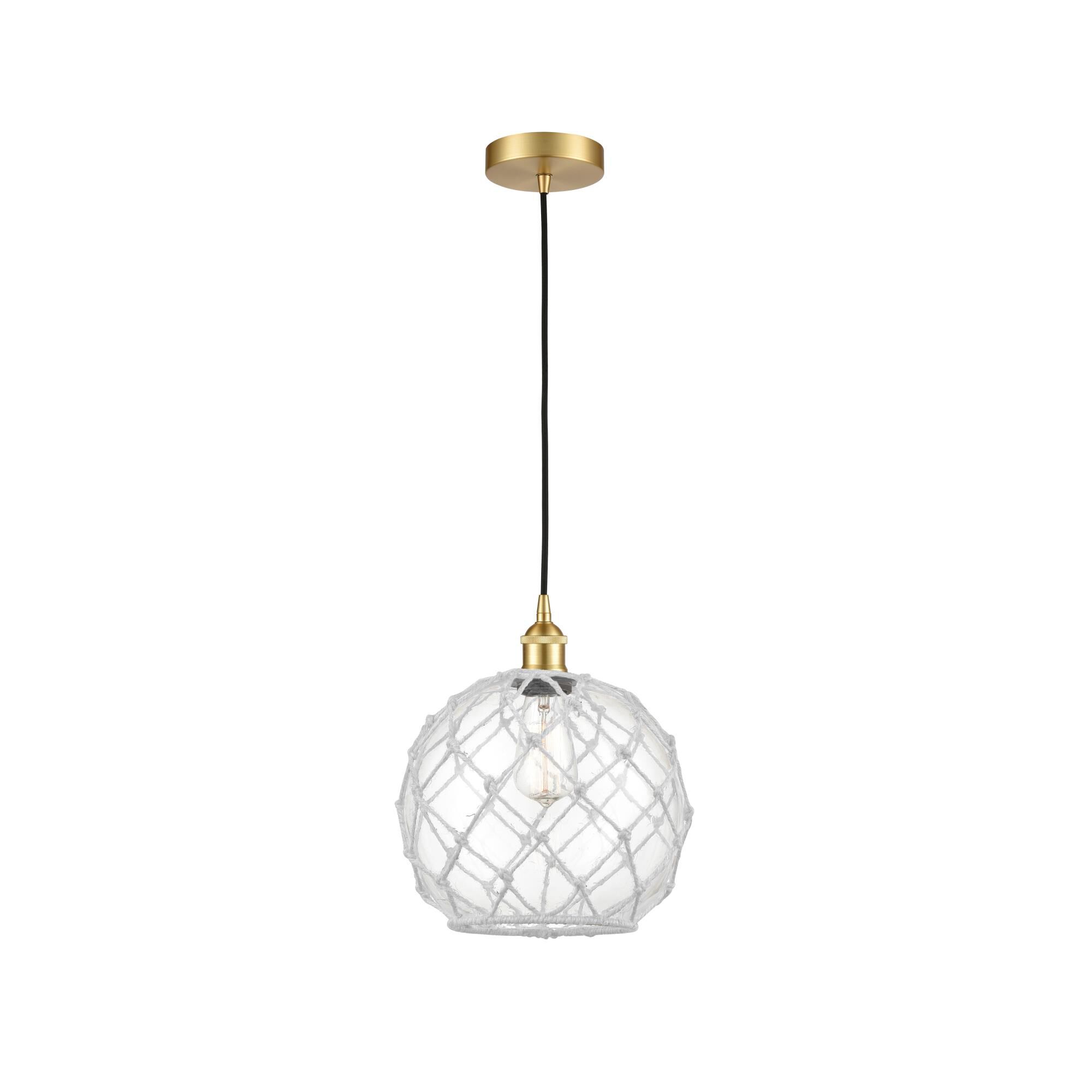 Shown in Satin Gold finish and Clear Large Farmhouse With White Rope glass