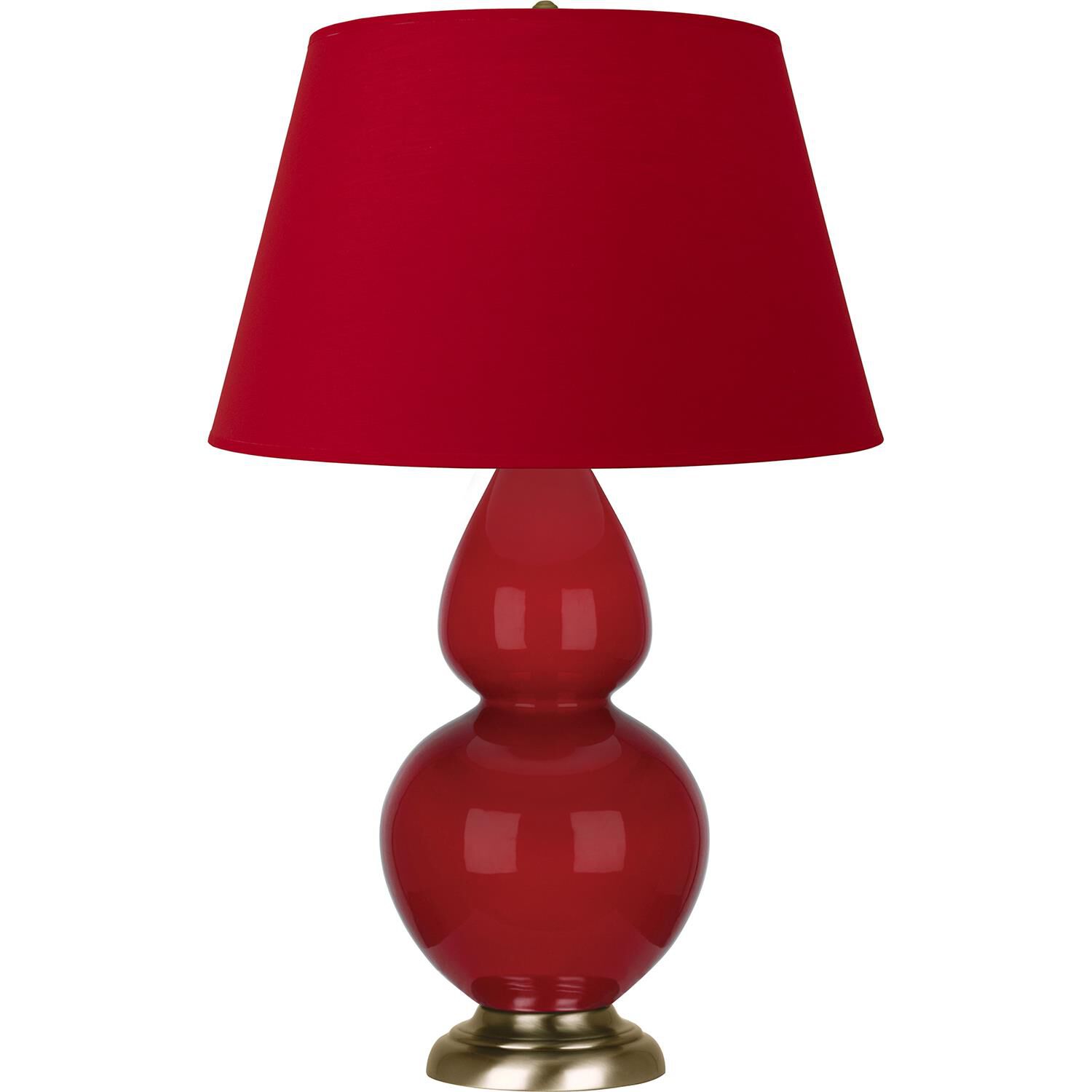 Shown in Ruby Red finish and Rose Red with Ink Black Lining shade and Antique Brass accent