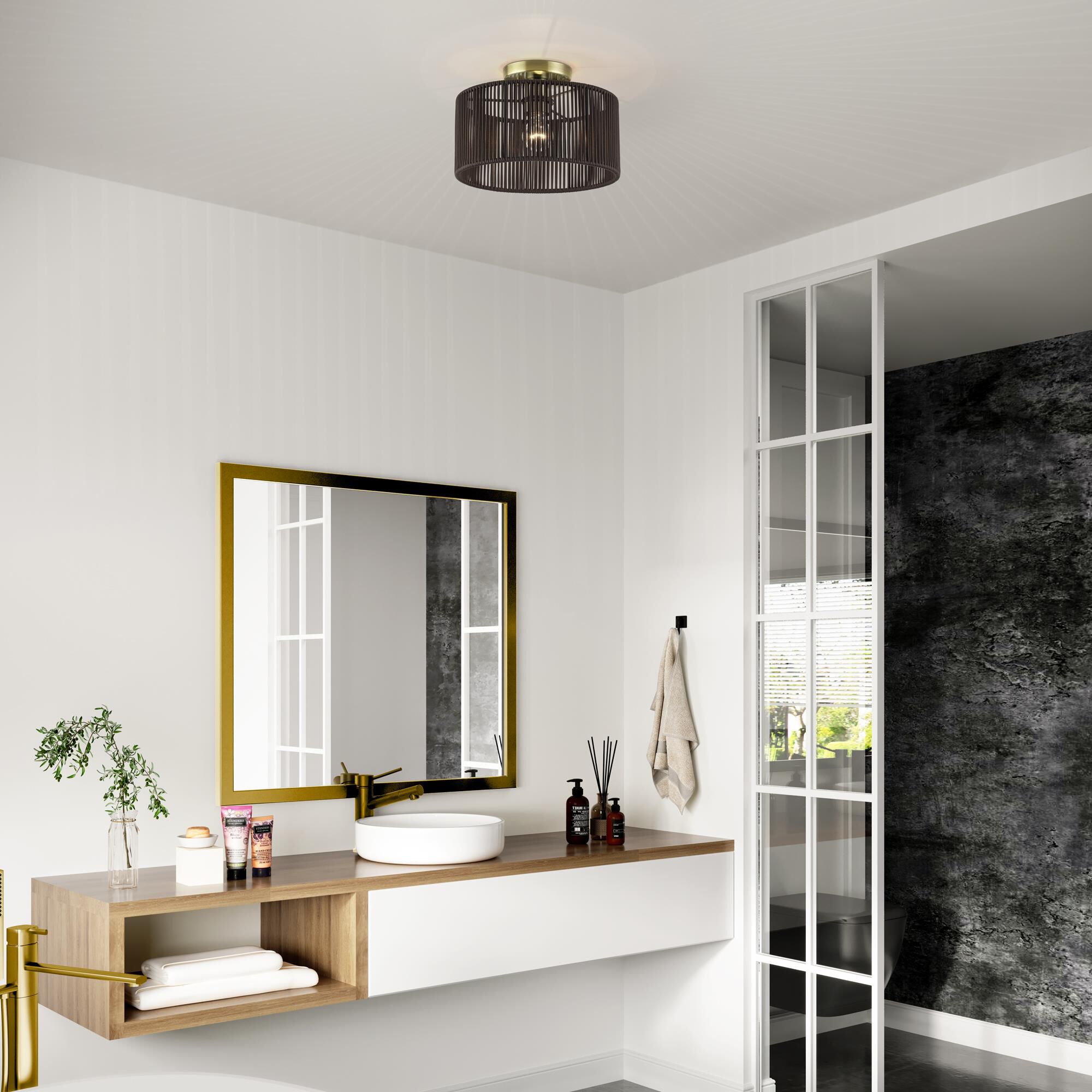 Shown in Antique Brass finish and Hand-Woven Dark Chocolate Color Polyester Rope shade