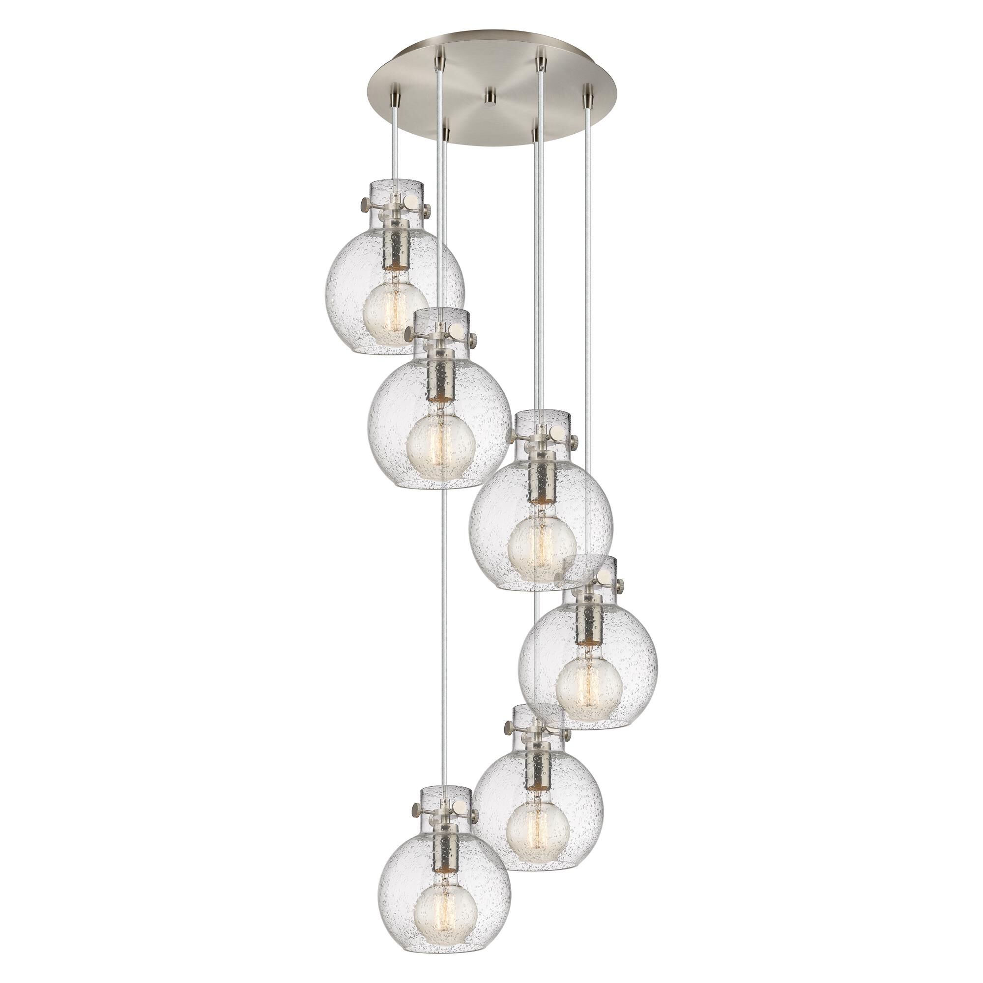 Shown in Brushed Satin Nickel finish and Seedy glass and Seedy Glass shade