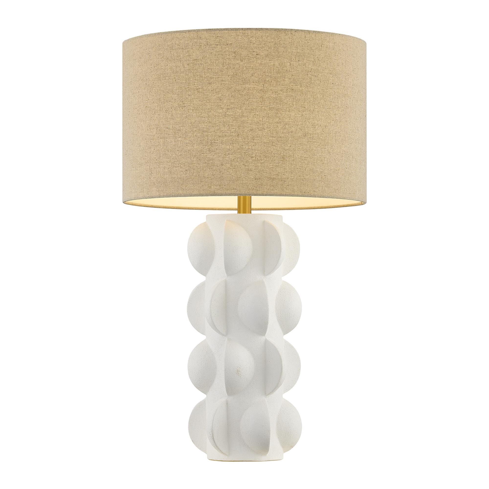 Shown in Warm Brass finish and Beige Fabric shade
