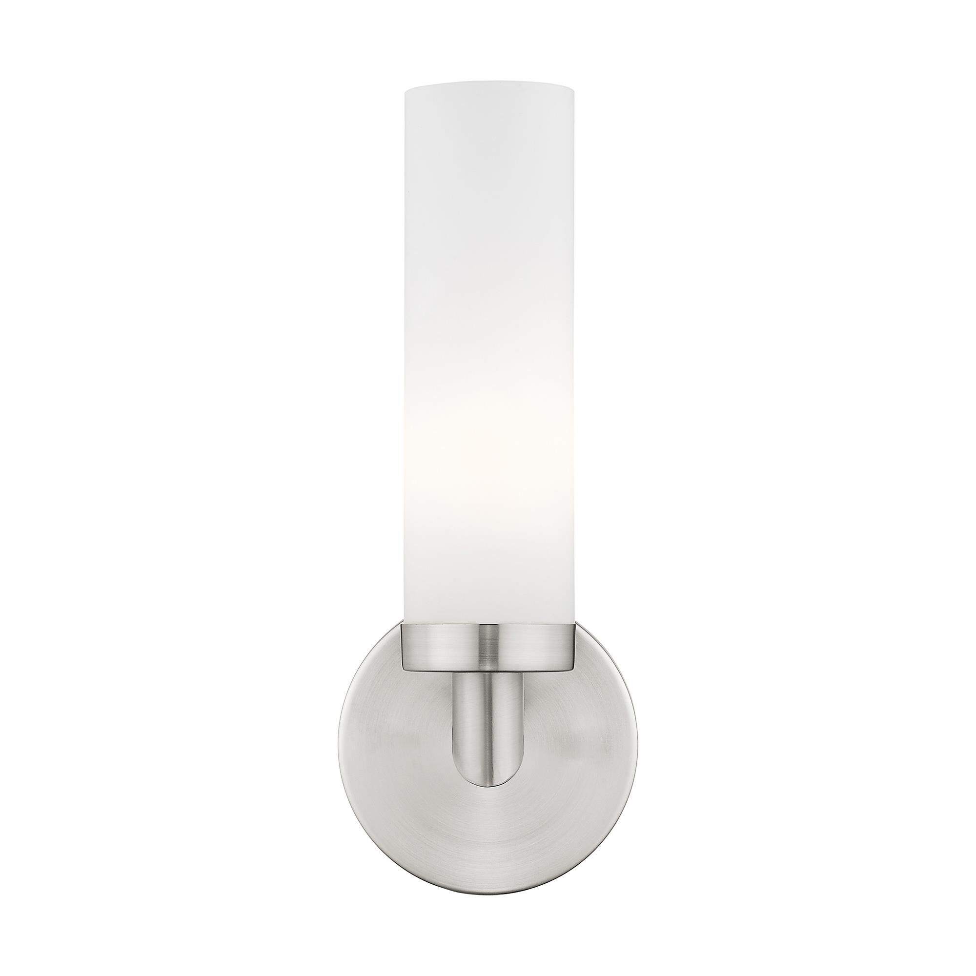 Shown in Brushed Nickel finish and Satin Opal White Hand Blown Twist Lock Cylinder glass
