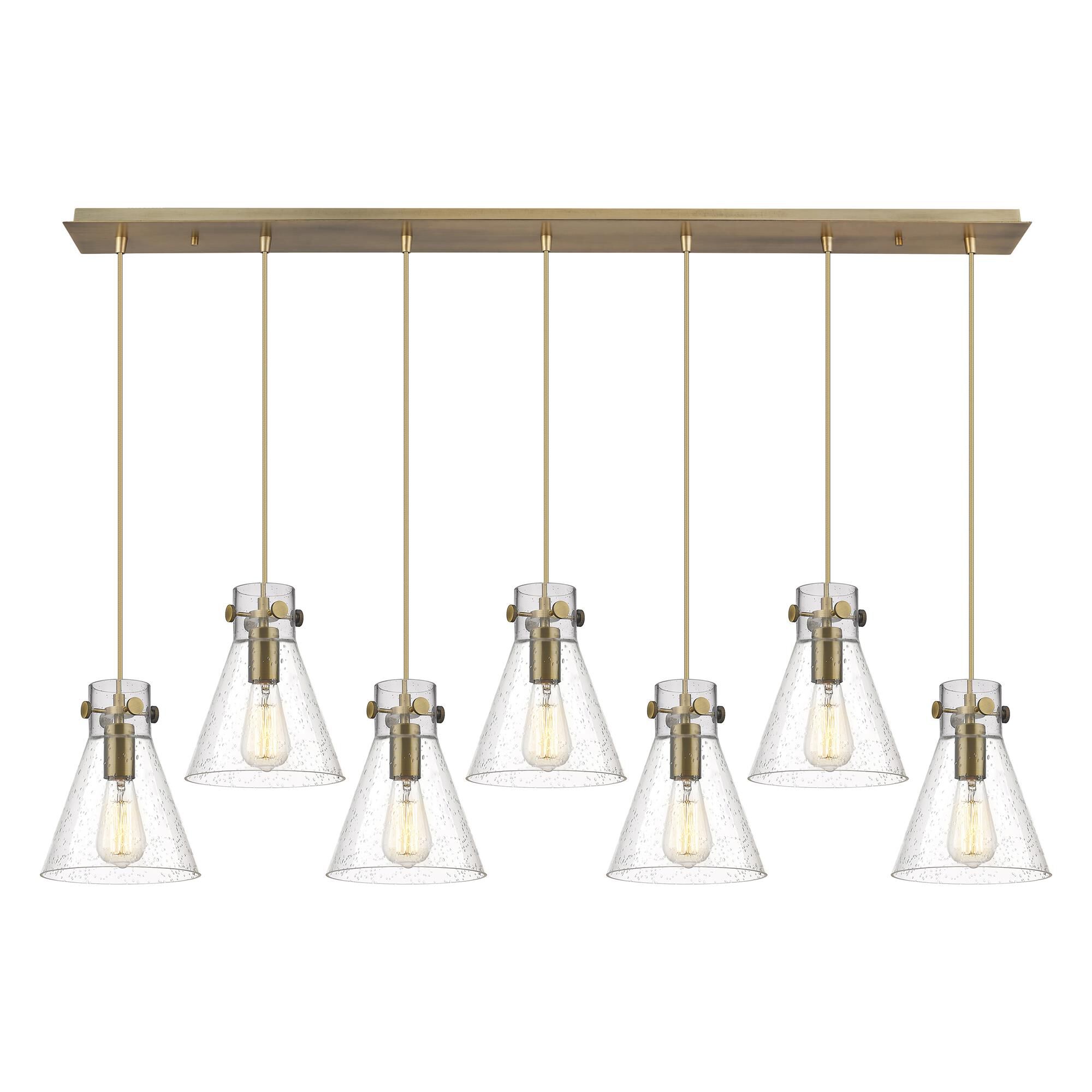 Shown in Brushed Brass finish and Seedy glass and Seedy Glass shade