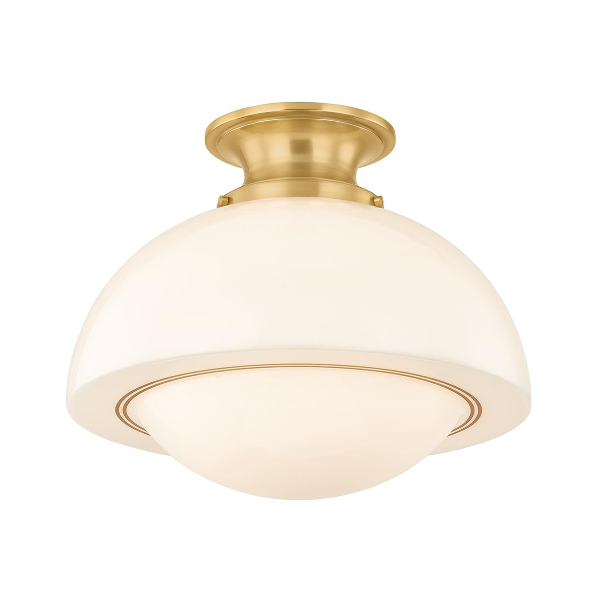 Shown in Aged Brass finish and Opal Glossy with Gold Leaf Trim glass