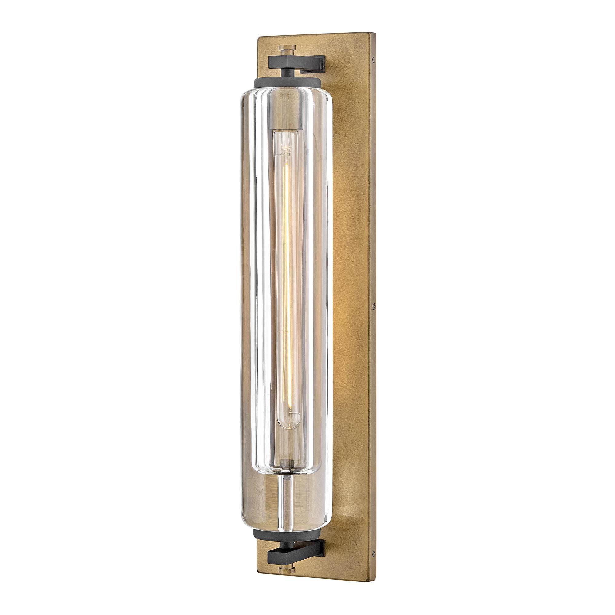 Shown in Heritage Brass finish and Clear glass and Black accent