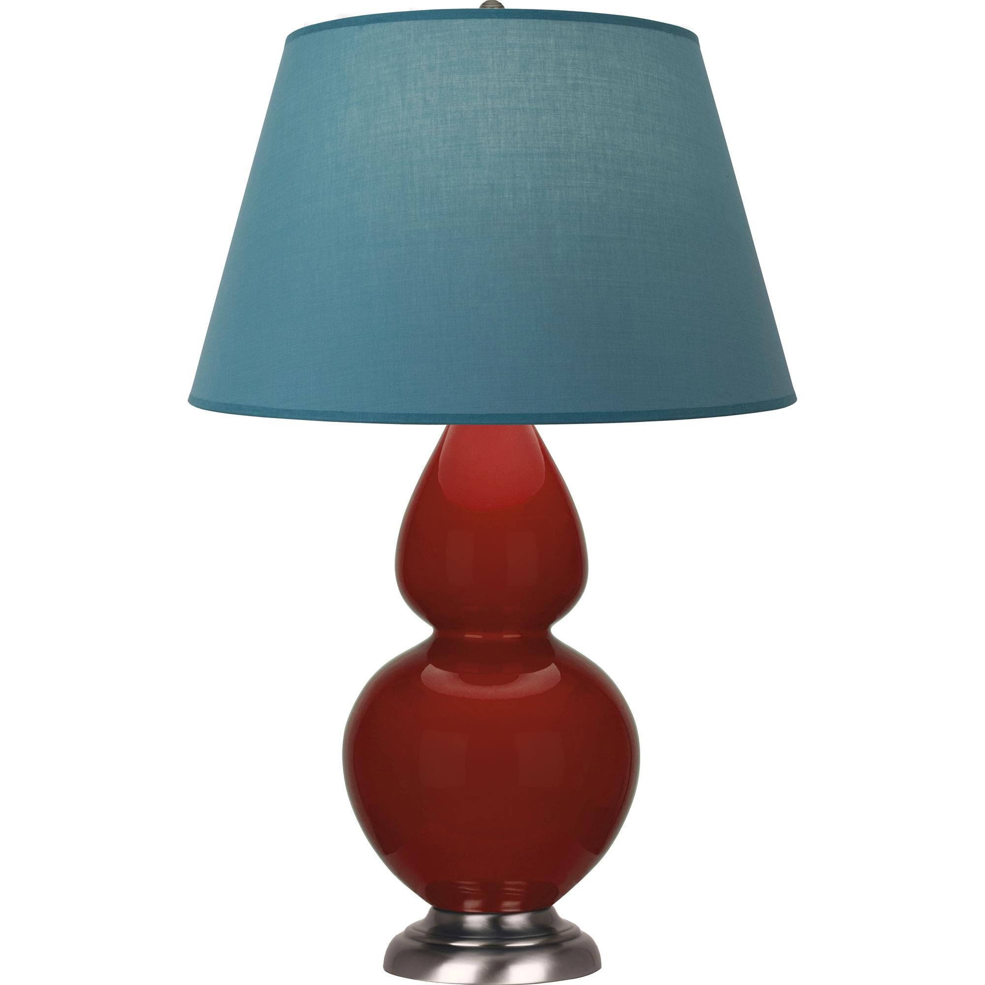 Shown in Oxblood Glazed finish and Bright Blue with Gray Lining shade and Antique Silver accent