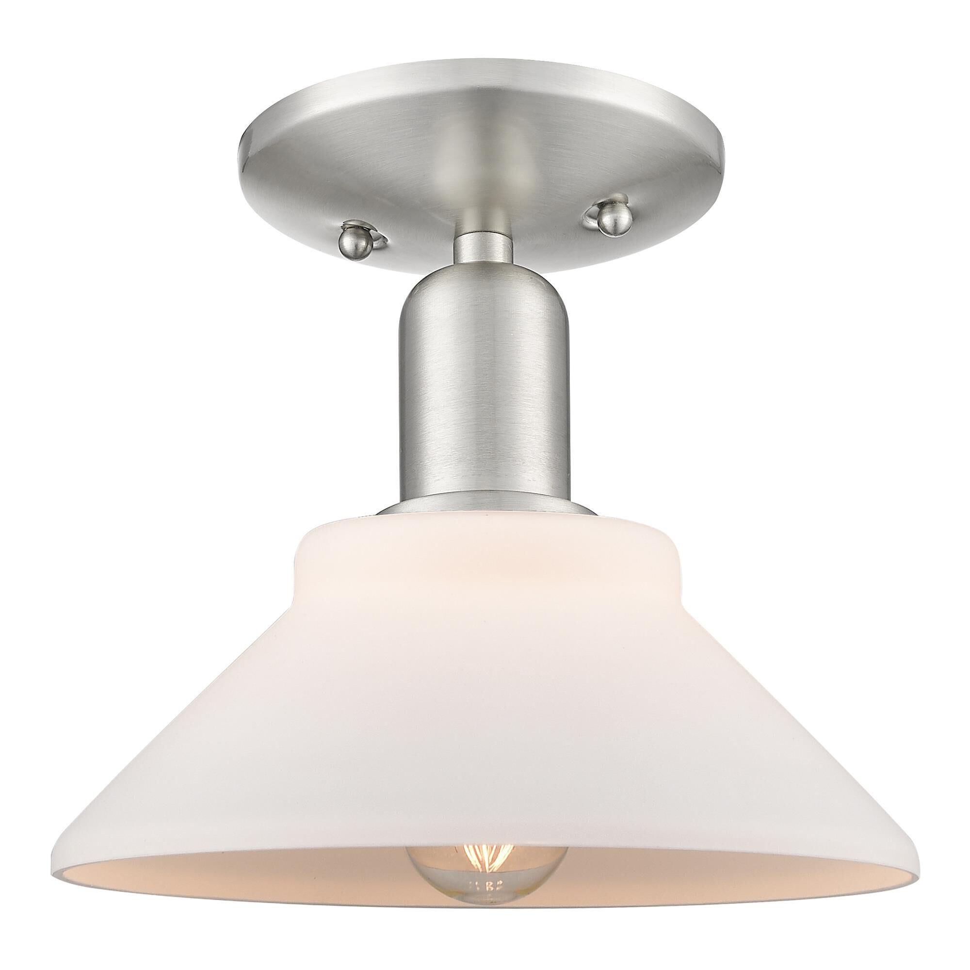 Shown in Brushed Satin Nickel finish and Matte White glass