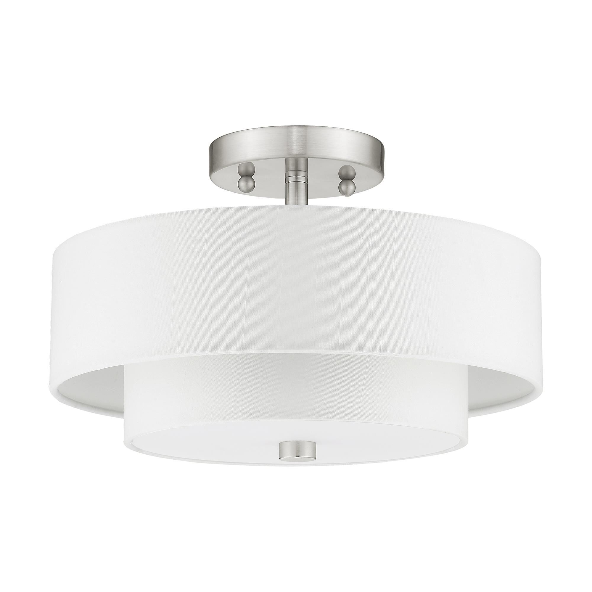 Shown in Brushed Nickel finish and Hand Crafted Off-White Fabric Hardback shade