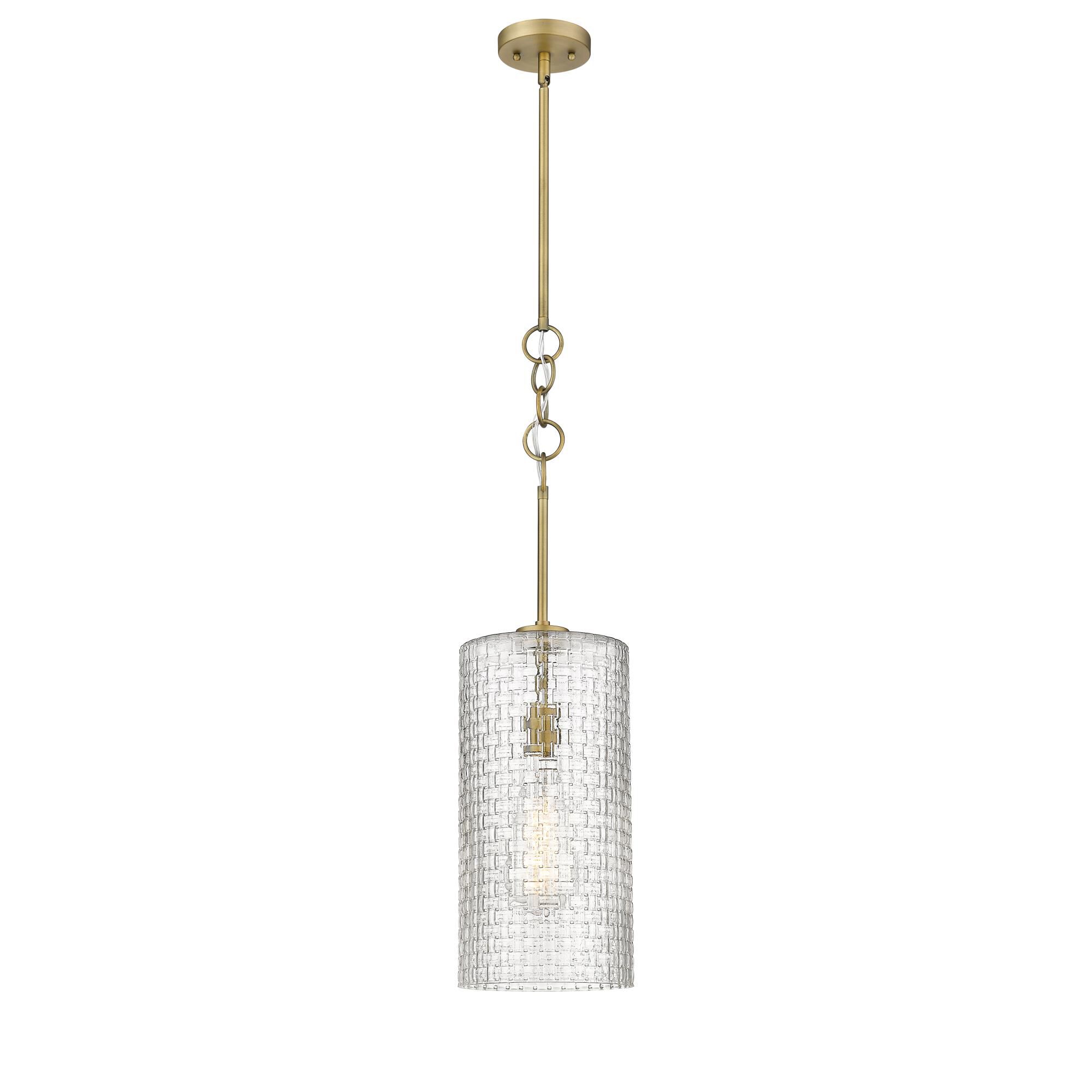 Shown in Brushed Brass, Clear Basket Weave finish and Clear Basket Weave glass and Clear Basket Weave Glass shade
