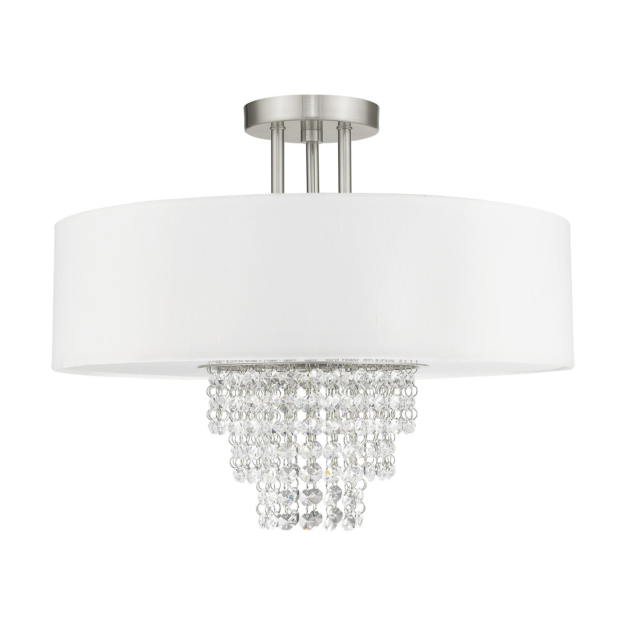 Shown in Brushed Nickel finish and Clear crystal and Off-White Sheer Organza shade