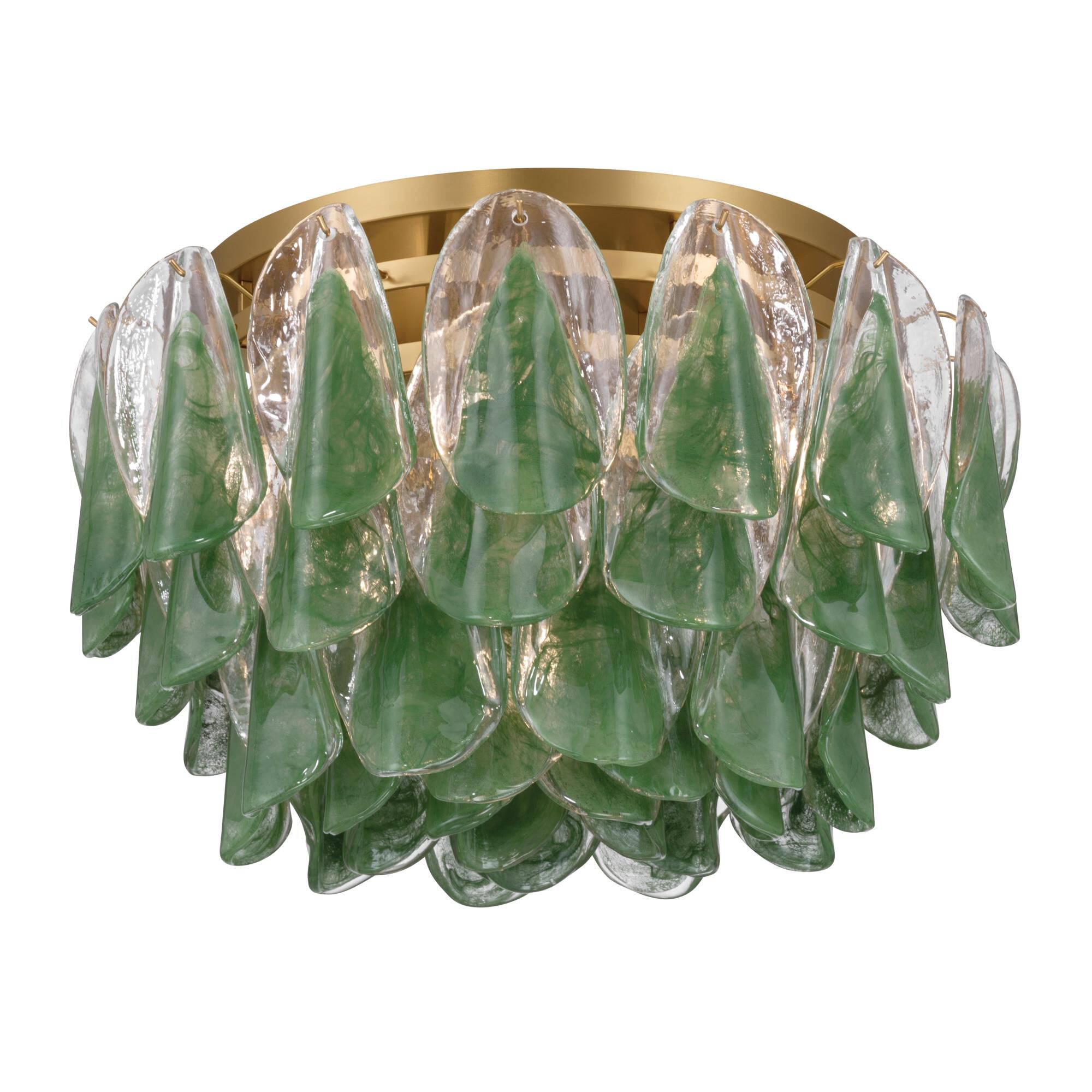 Shown in Legacy Brass finish and Green and Clear Hand-Formed glass