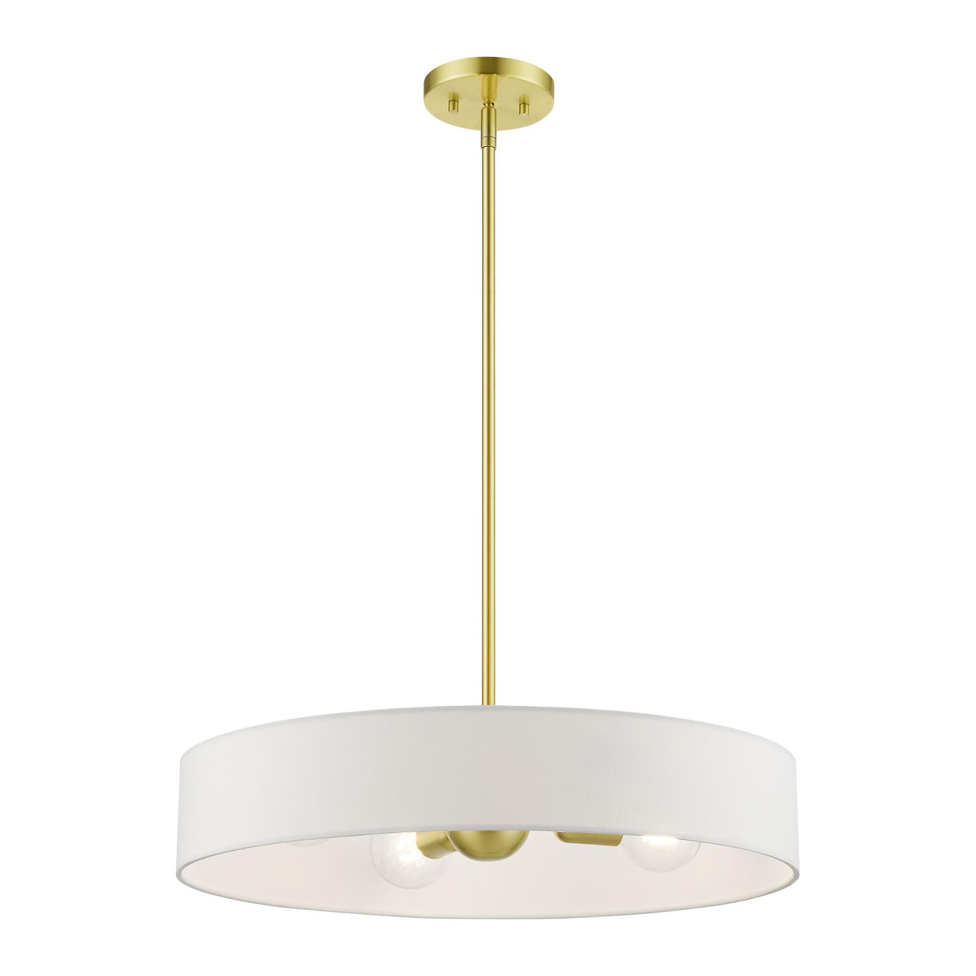 Shown in Satin Brass with Shiny White Accents finish and Hand Crafted Off-White Hardback Fabric shade