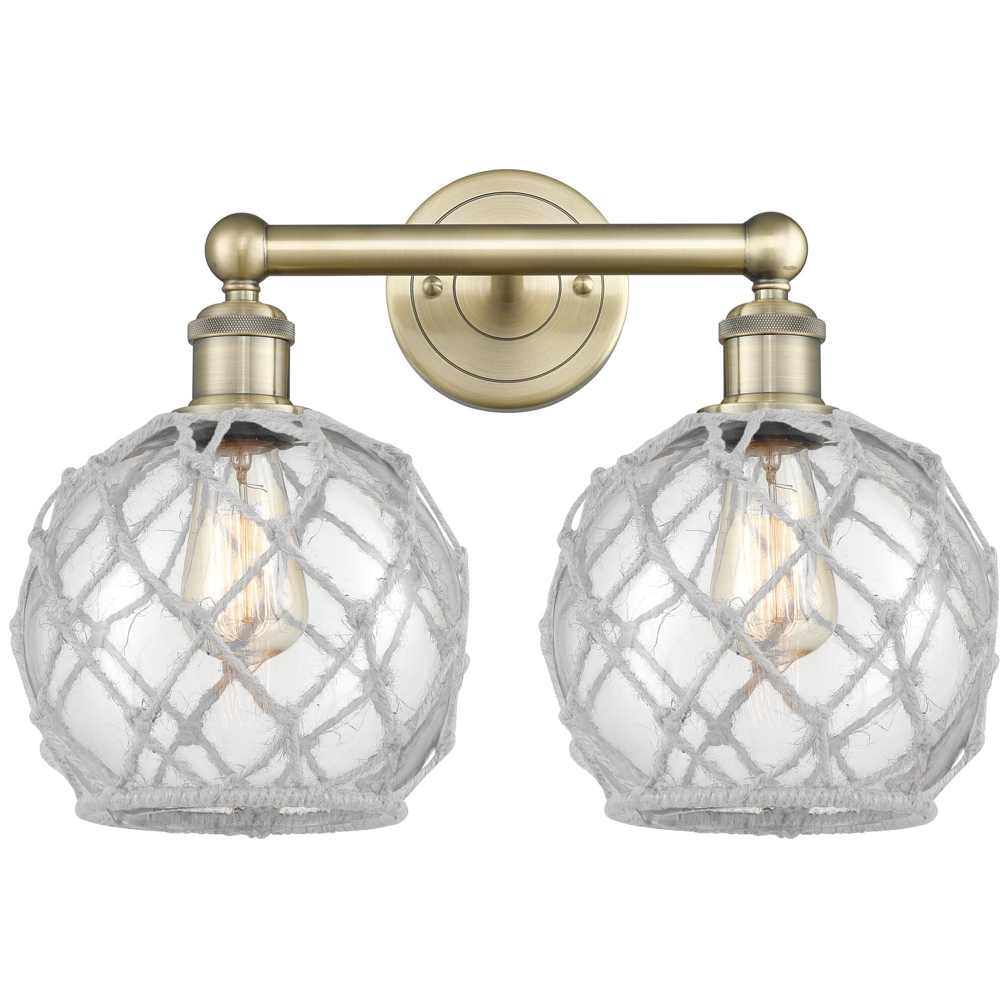 Shown in Antique Brass finish and Clear with White Rope glass