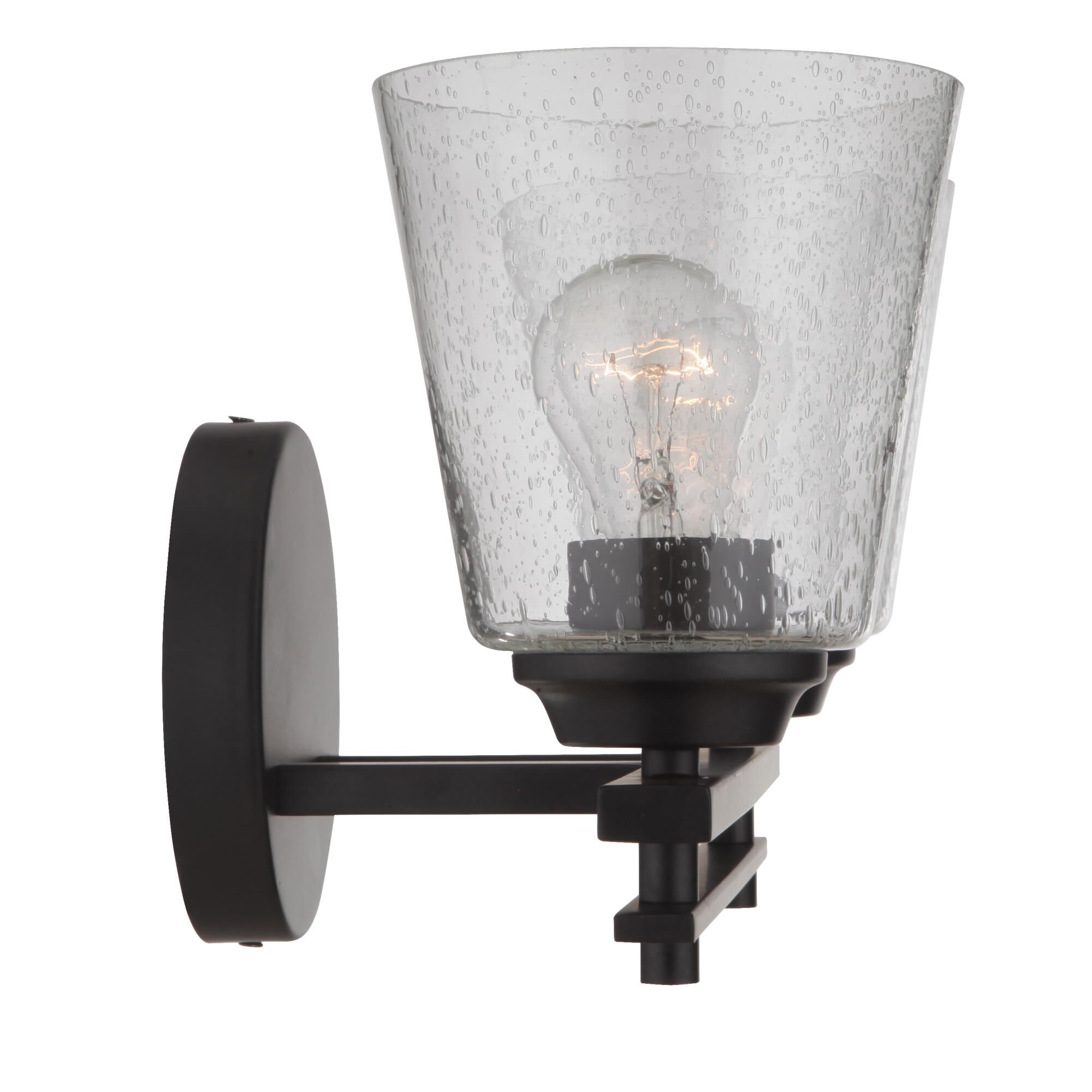 Shown in Flat Black finish and Clear Seeded glass and Glass shade