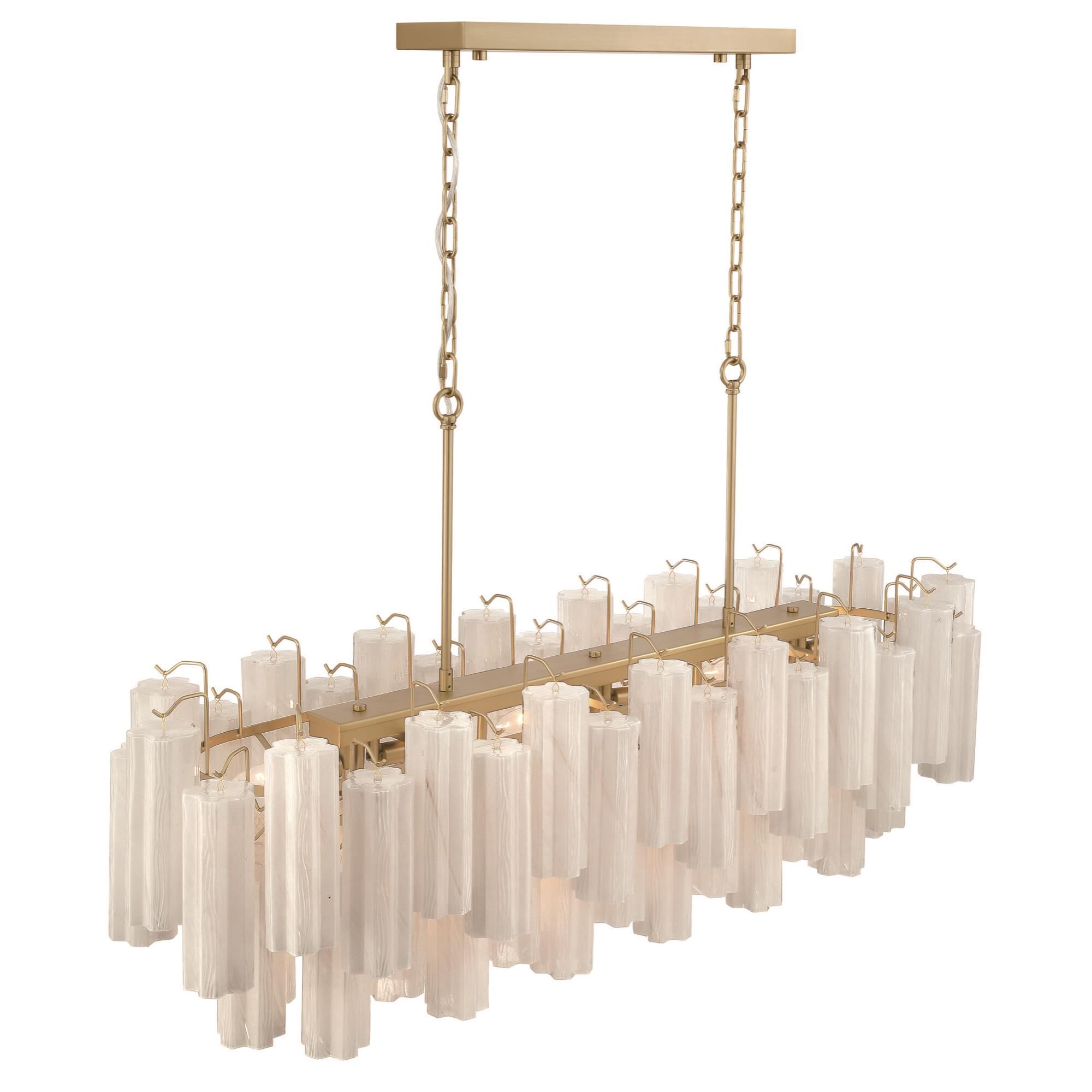 Shown in Brushed Brass finish and Wispy White Tronchi glass