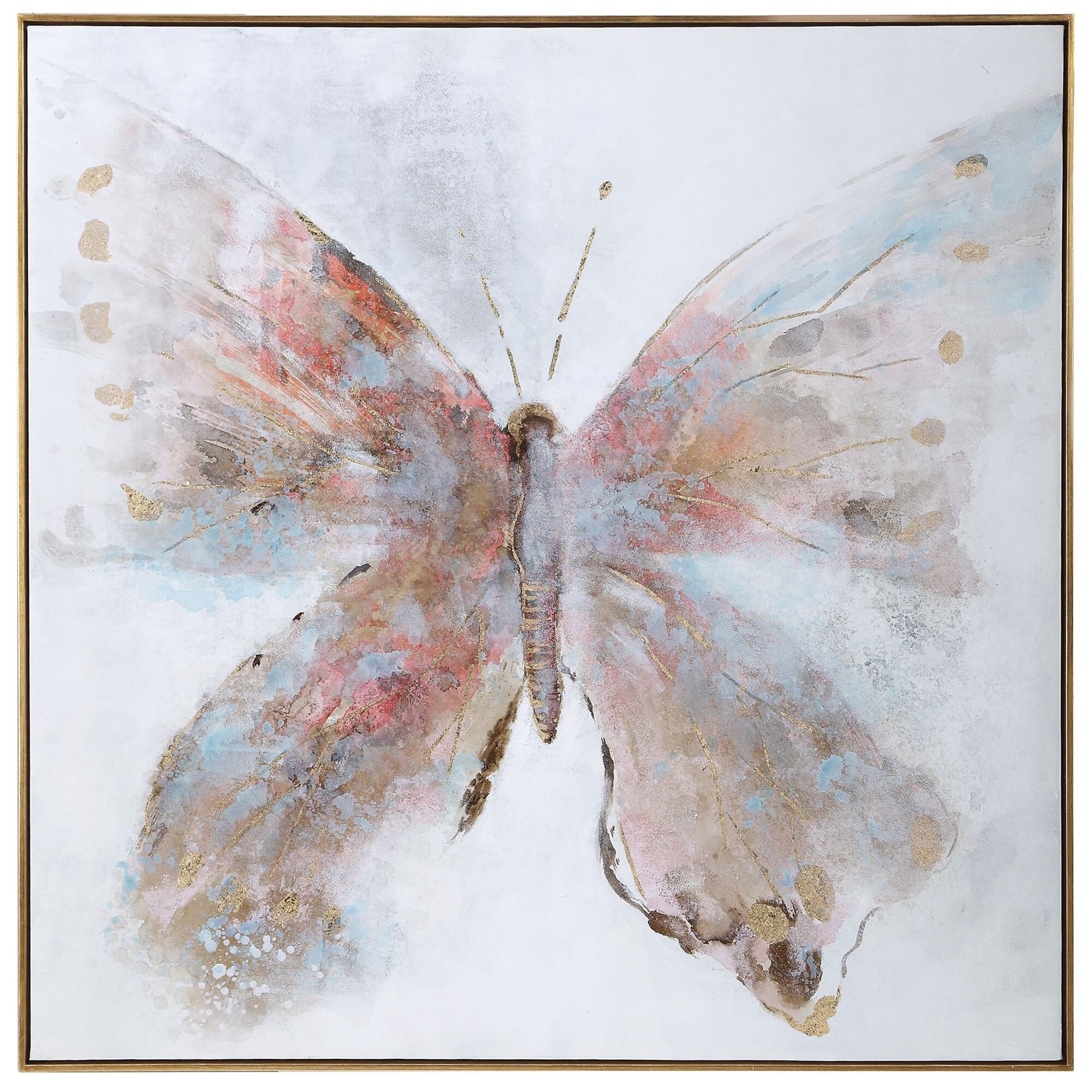Shown in Hand Painted Canvas, Antiqued Gold Leaf Gallery Frame, White, Light Gray, Light Blue, Fuschia, Gold  finish