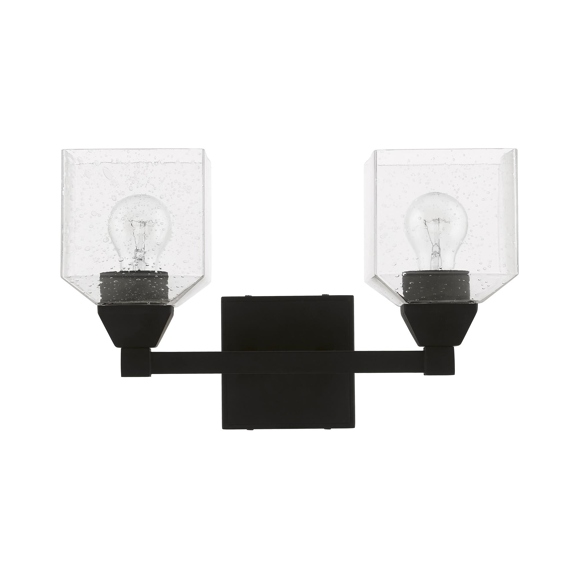 Shown in Black finish and Hand Blown Clear Seeded glass