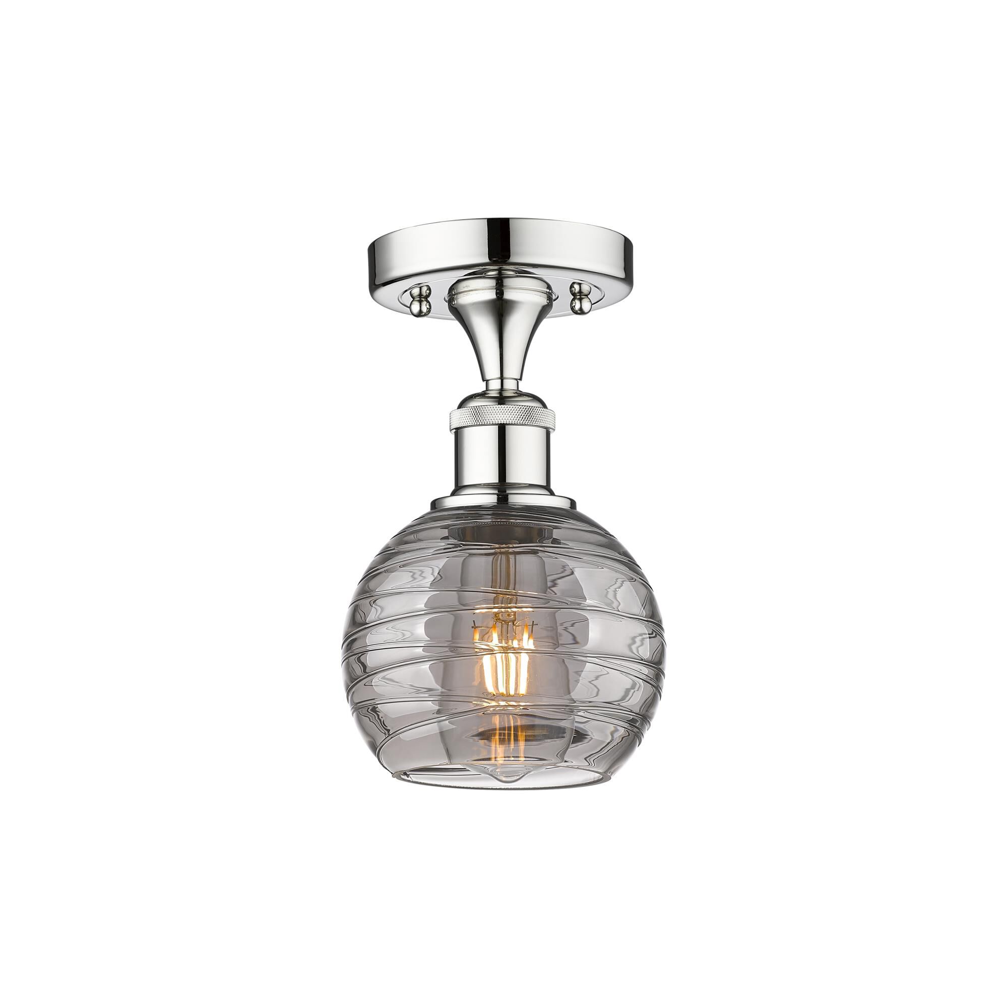 Shown in Polished Chrome finish and Light Smoke Deco Swirl glass