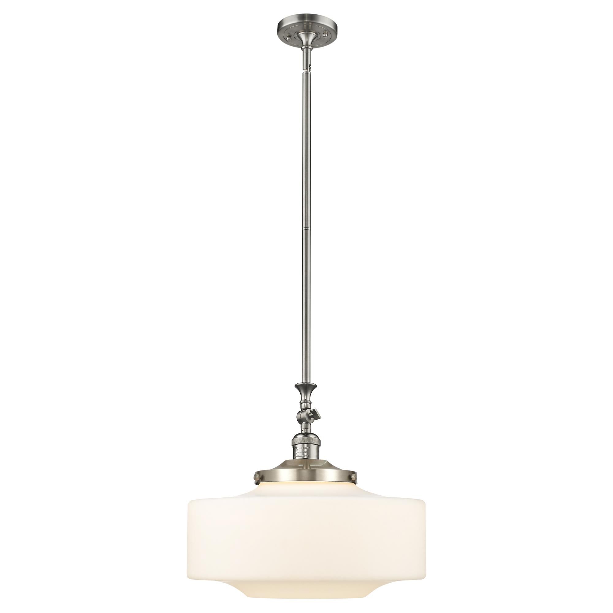 Shown in Brushed Satin Nickel finish and Matte White Cased Large Bridgeton glass