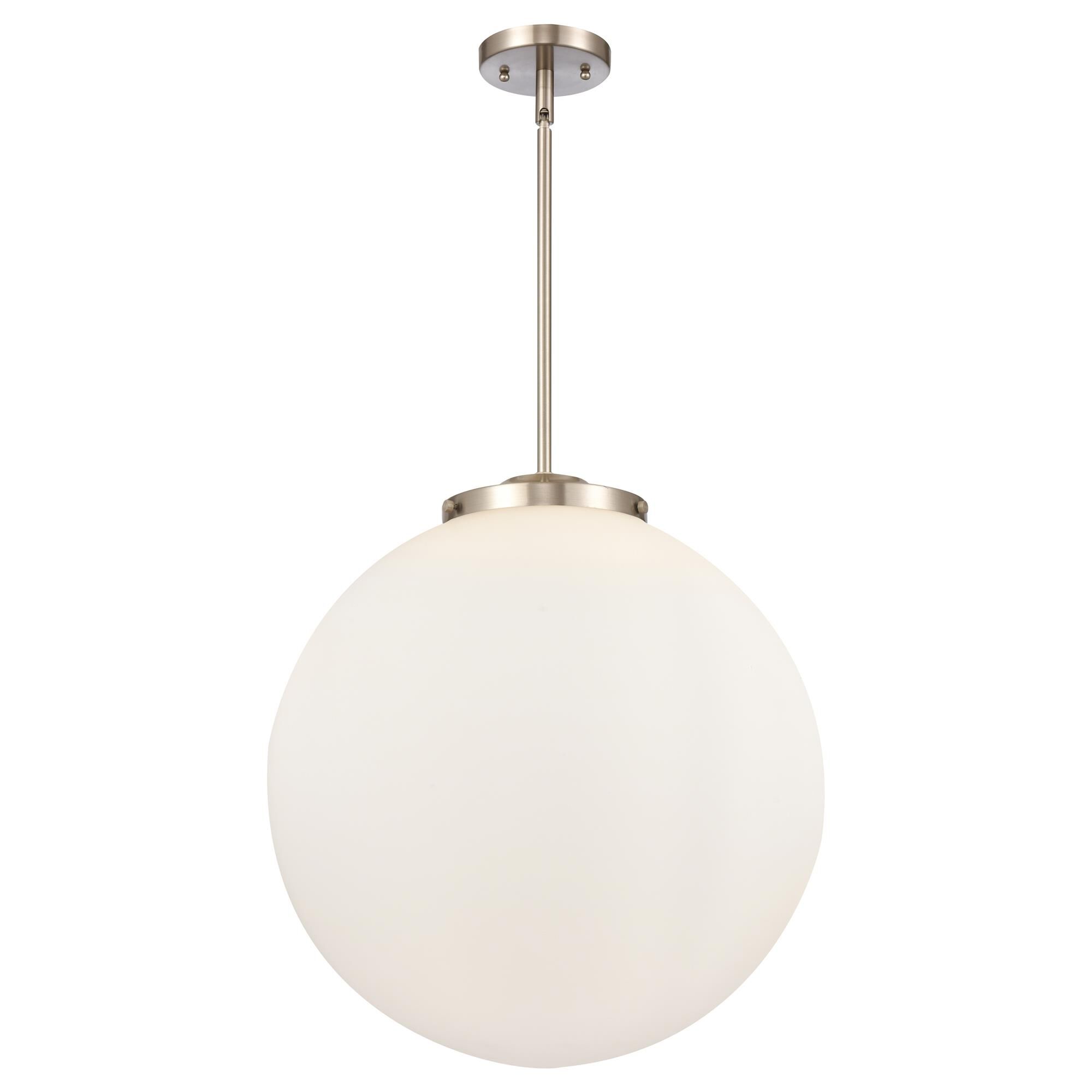 Shown in Brushed Satin Nickel finish and Matte White Cased Beacon glass